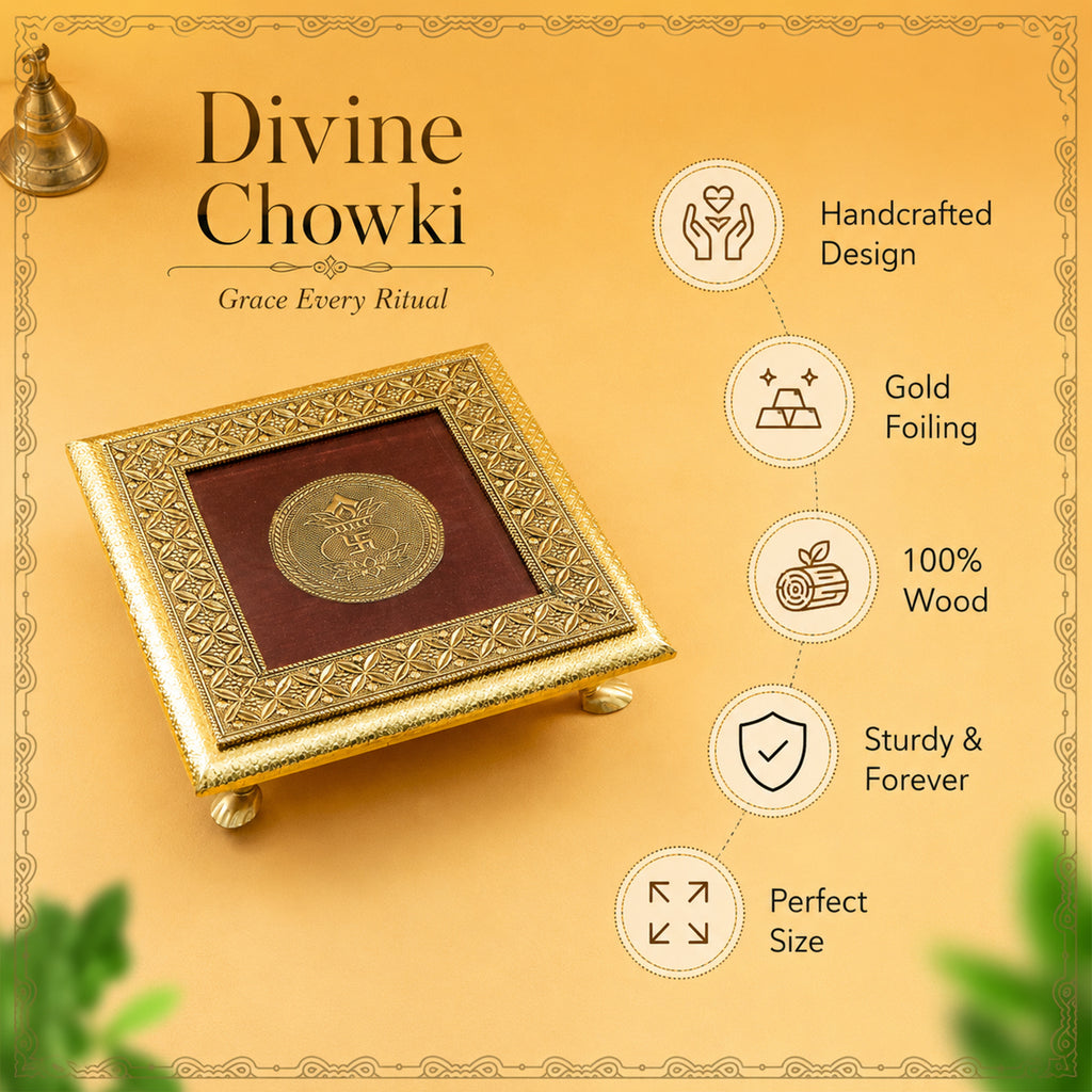 Gold Toned Wooden Lakshmi Chowki for Pooja, Home Temple & Festive Gifting