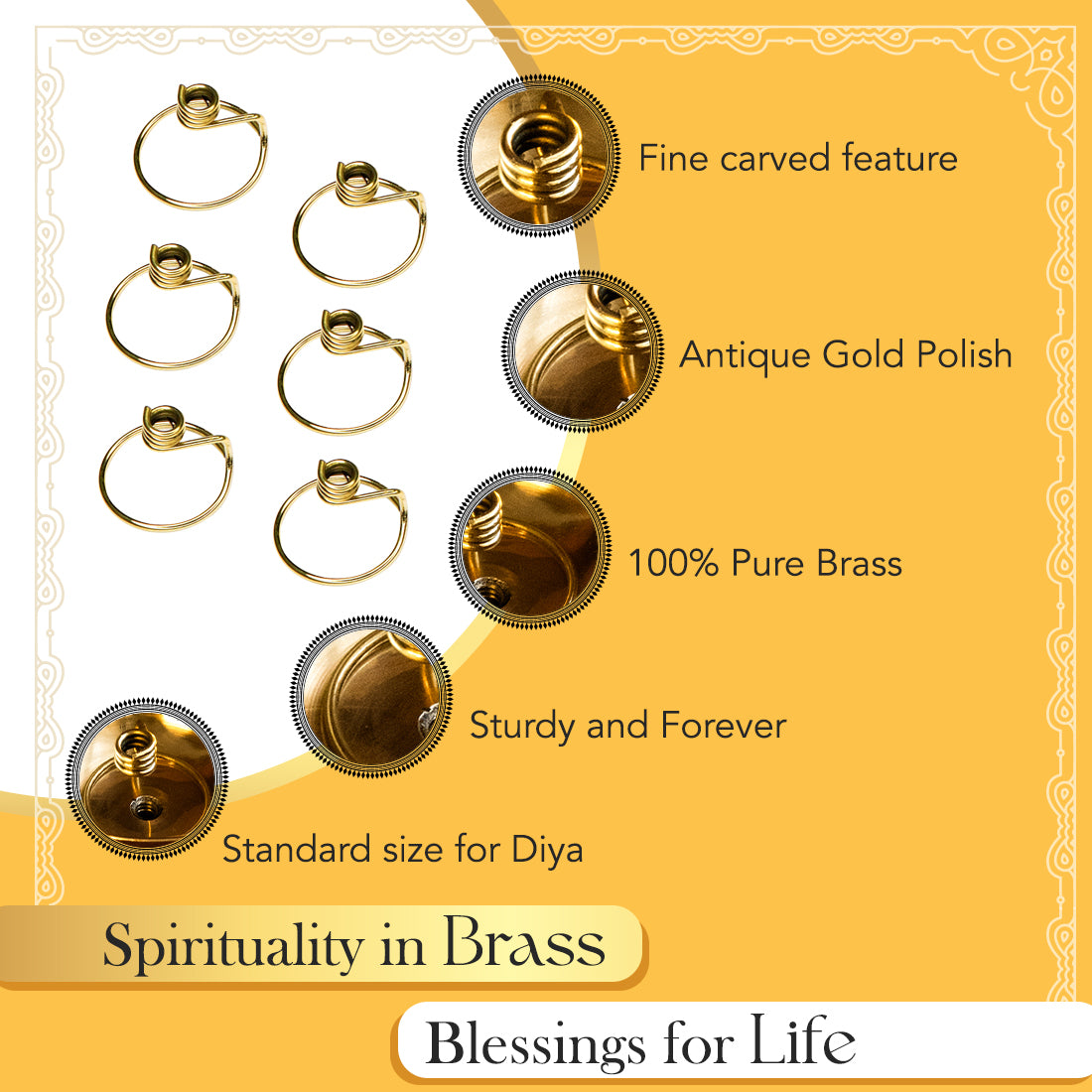 Brass Wick Holders for Oil Lamp & Diya (Set of 6)