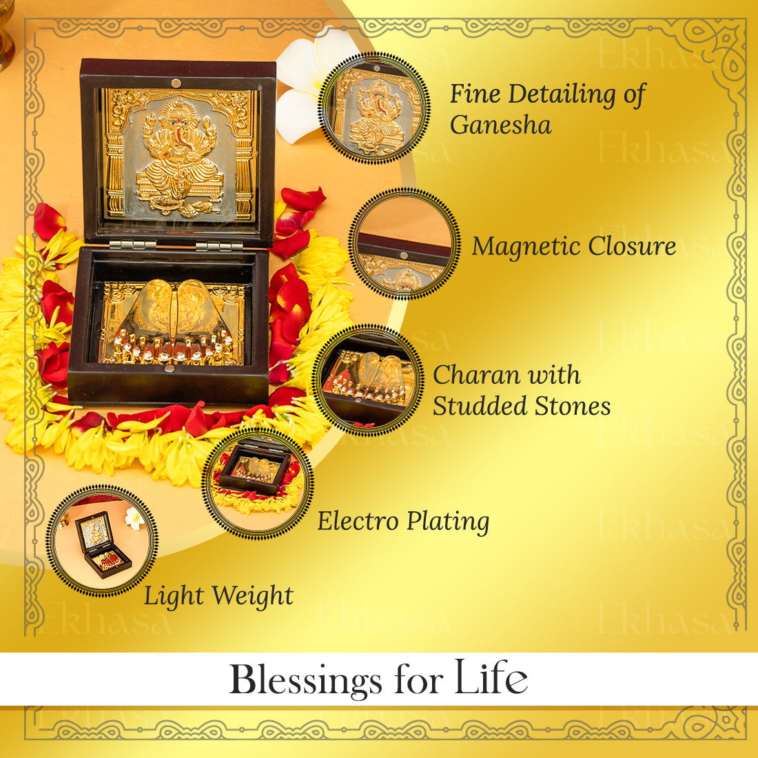 Ganesha 24K Gold Plated Photo Frame Pocket Temple for Home & Spiritual Gifting