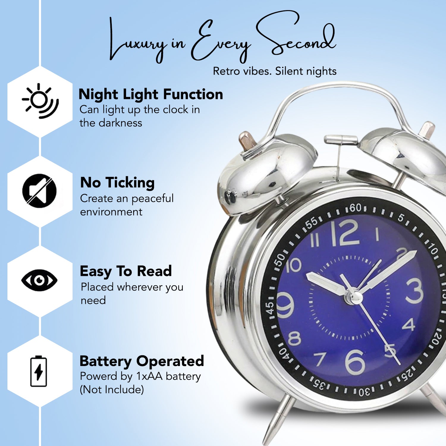 Metal Vintage Analog Alarm Clock for Bedroom & Office Decor