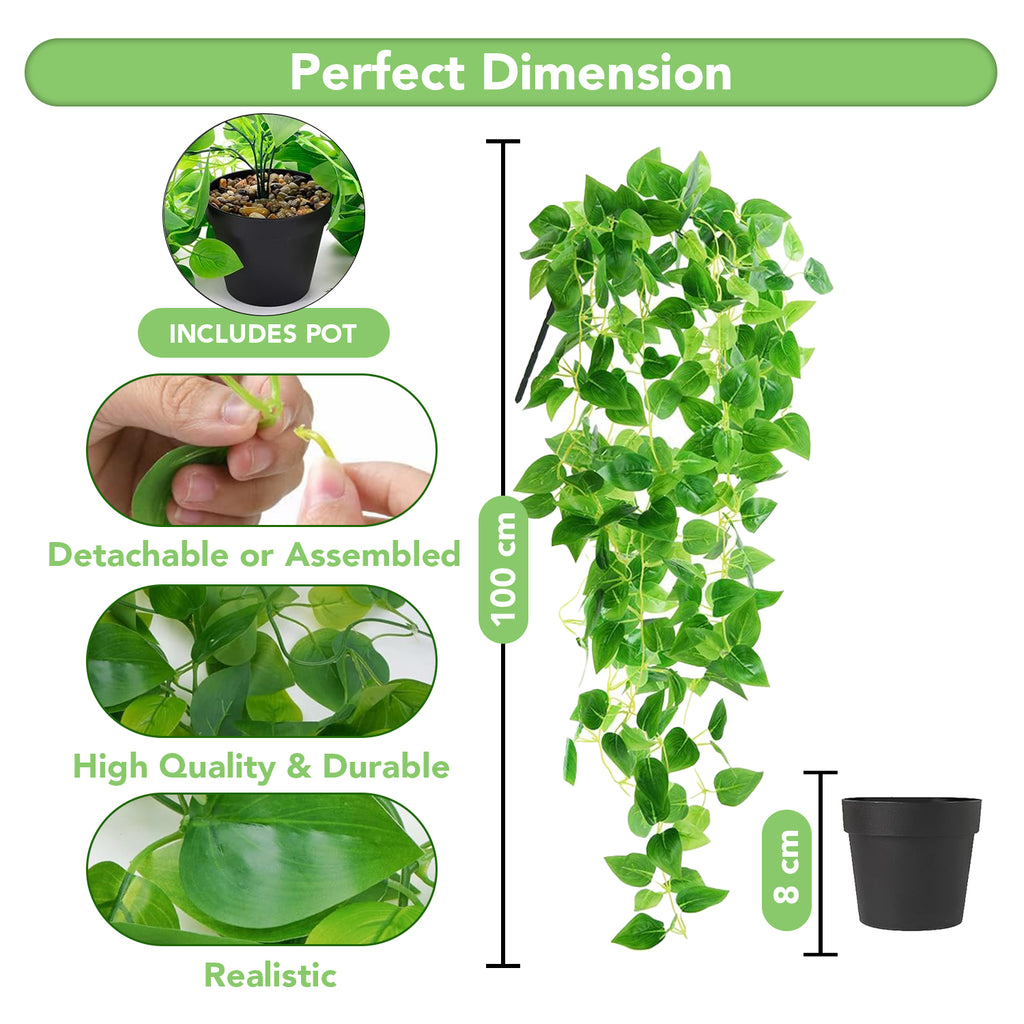 Golden Pothos Hanging Artificial Plants with Pot Set of 2 for Home Decor