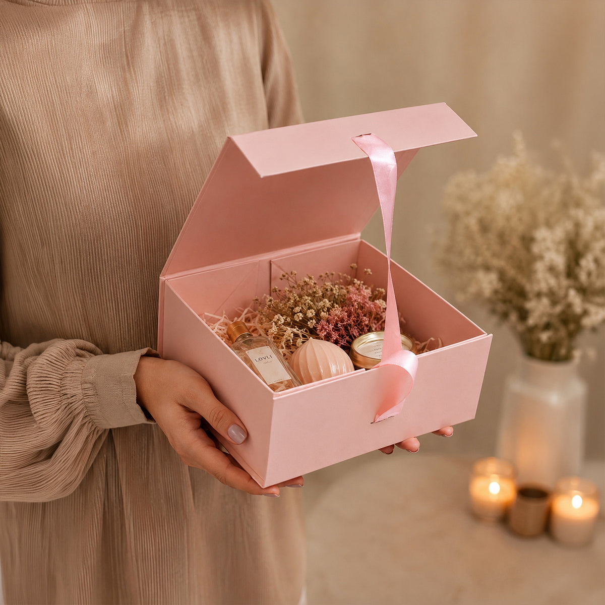 Pink Foldable Multipurpose Empty Gift Hamper Box with Magnetic Closure & Ribbon (21.5 x 21 x 9.5 cm)