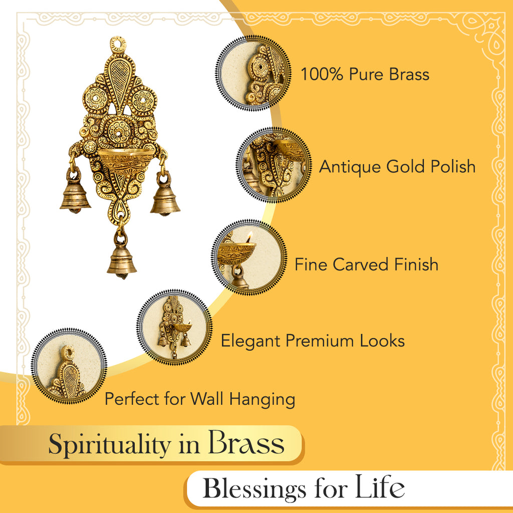 Brass Wall Hanging Diya with Bells for Home Decor & Pooja