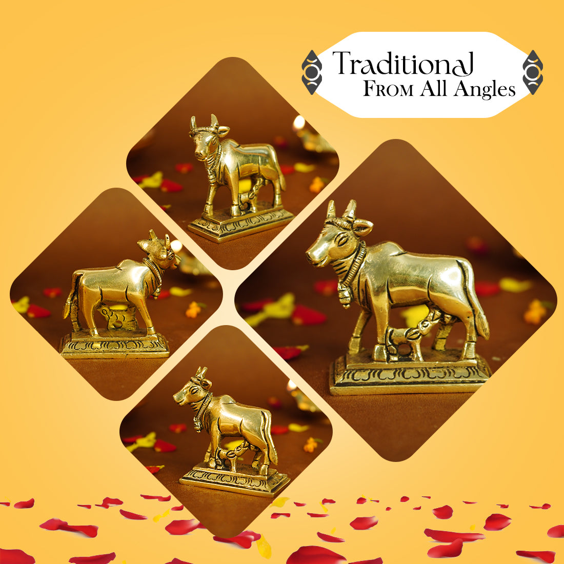 Pure Brass Kamdhenu Cow with Calf Idol for Vastu, Pooja & Home Decor