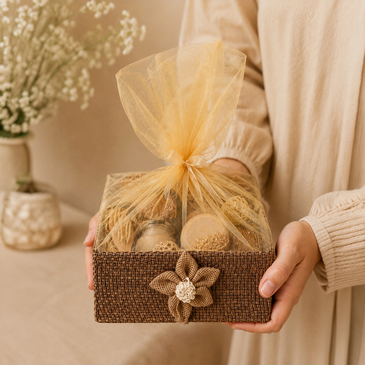 Floral Jute Gift Hamper Basket with Net Cover (21.5 x 21 x 8 cm)