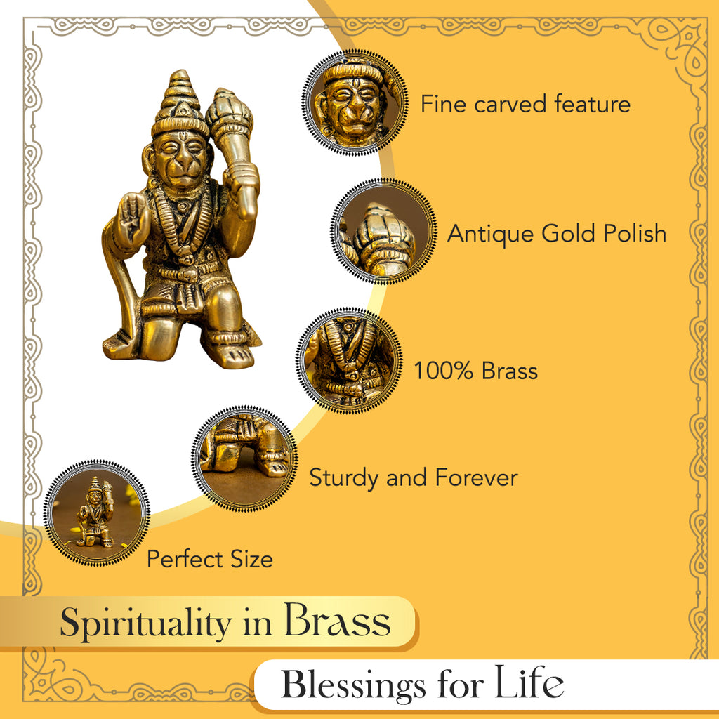 Pure Brass Hanuman Ji Idol for Home Puja, Office Desk & Car Dashboard