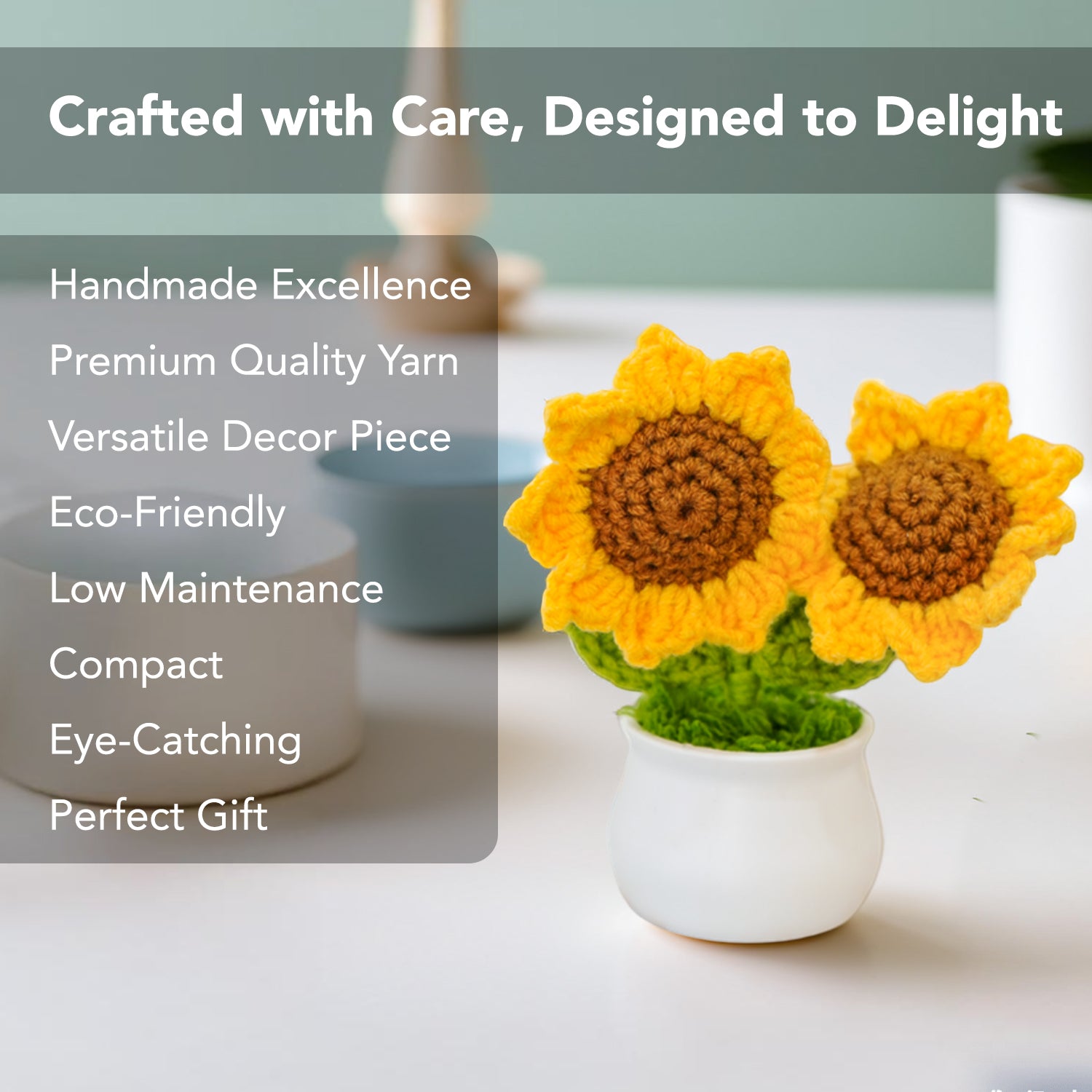 Crochet Sunflower with Pot for Car Dashboard, Table Decor, Office & Home Gifting