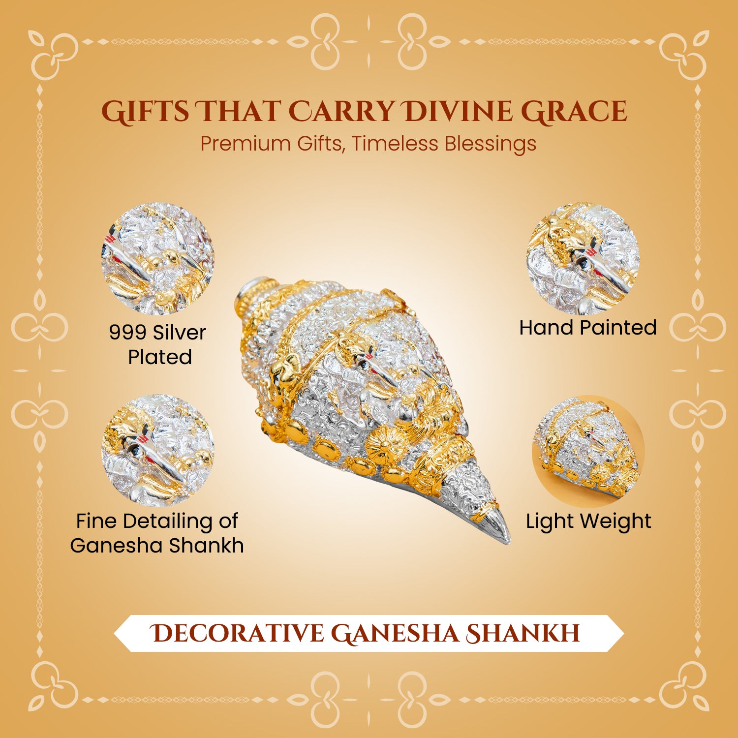 999 Silver Plated Ganesha Shankh with Gift Box for Vastu, Pooja & Gifting for Housewarming, Wedding