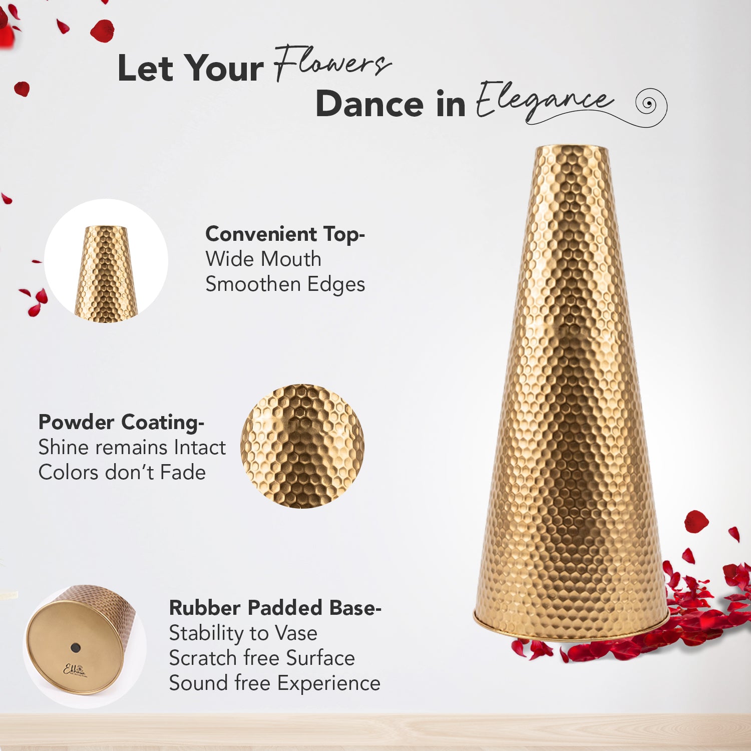 Tapered Golden Metal Vase for Home Decor, Living Room & Gifting