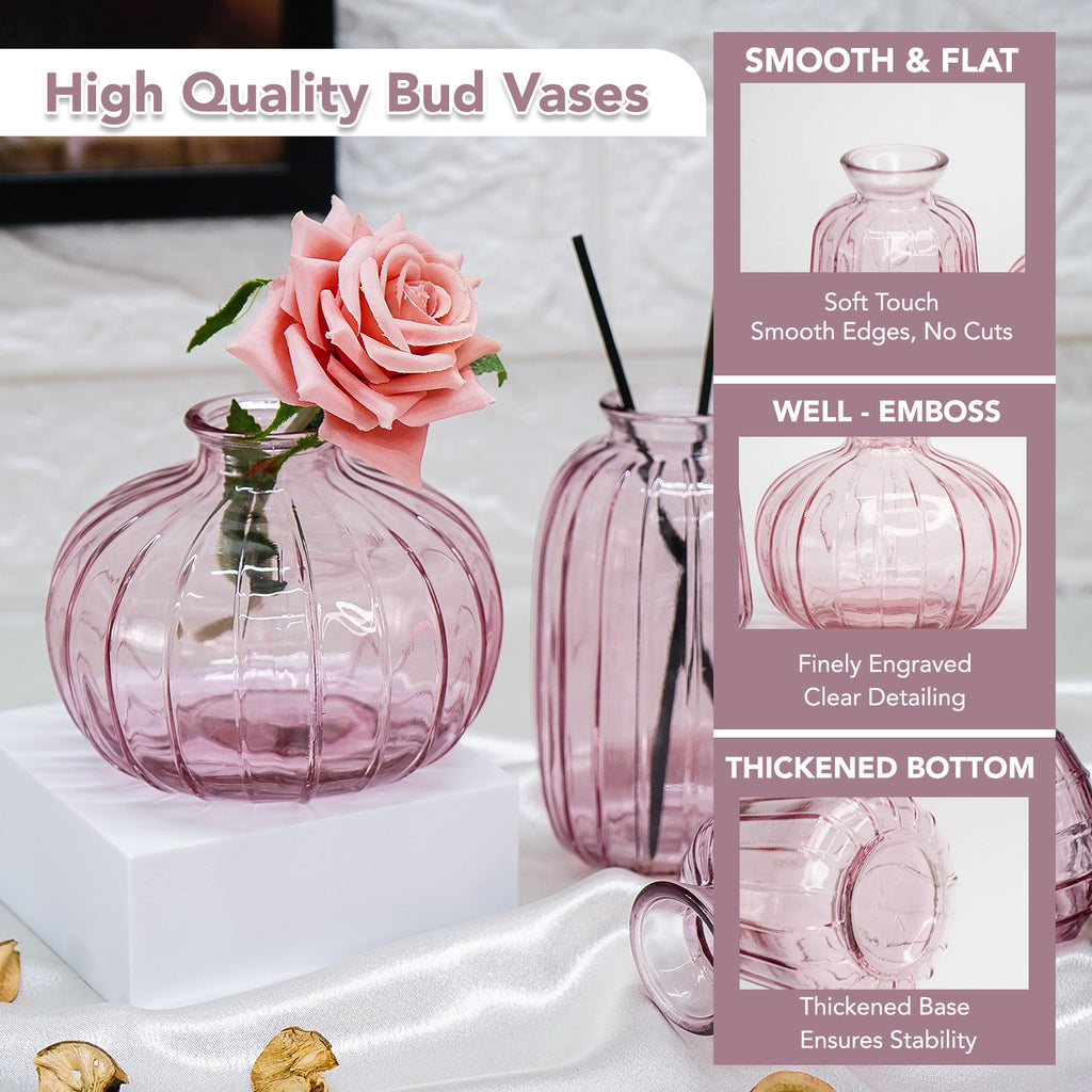 Pink Glass Bud Vase Set for Home Decor, Indoor Plants & Table Decor