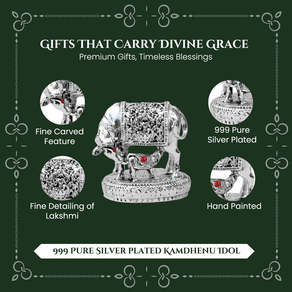 999 Silver Plated Kamdhenu Cow with Calf with Green Velvet Gift Box for Vastu, Housewarming & Wedding Gift