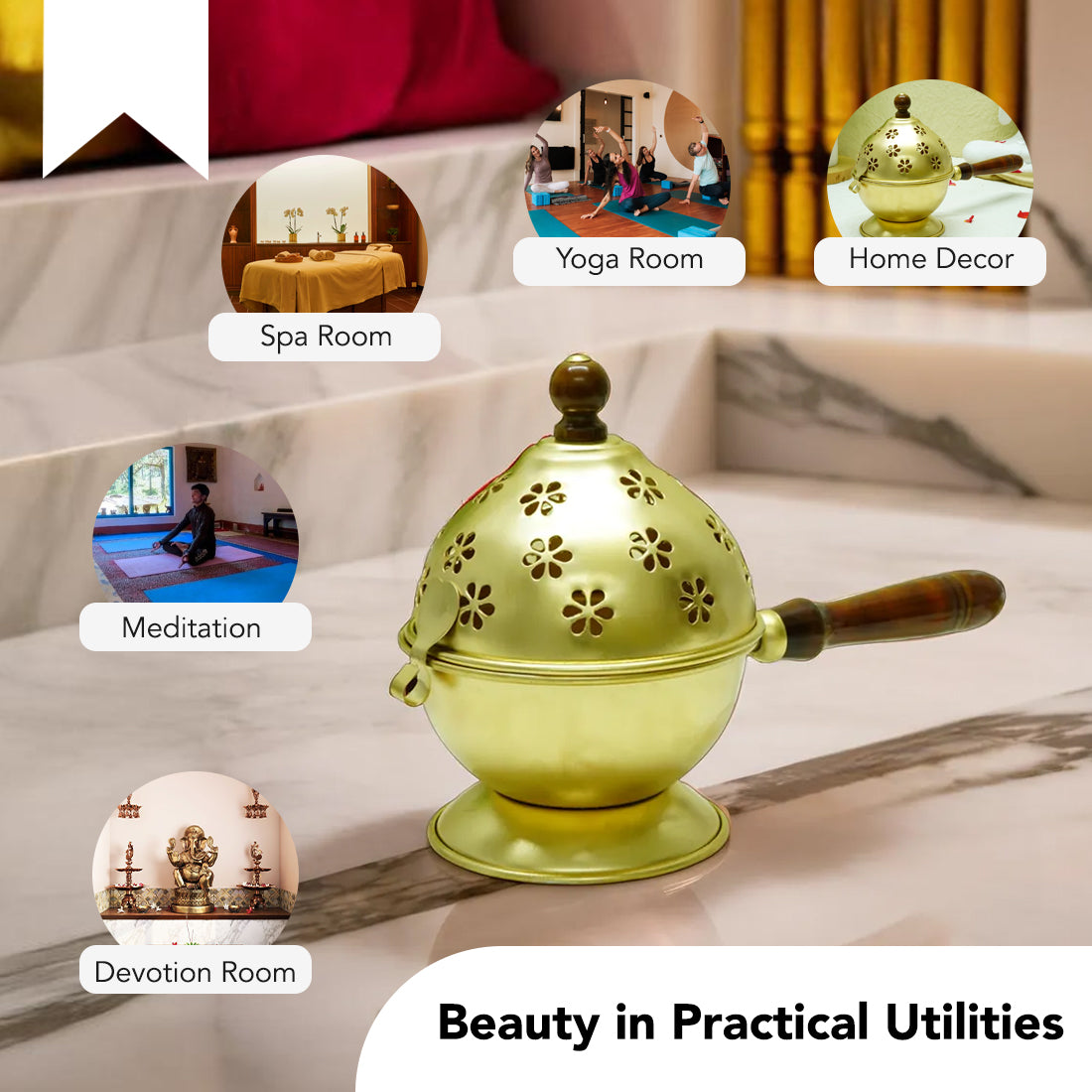 Metal Dhoop Dani with Wooden Holder for Pooja & Home Decor