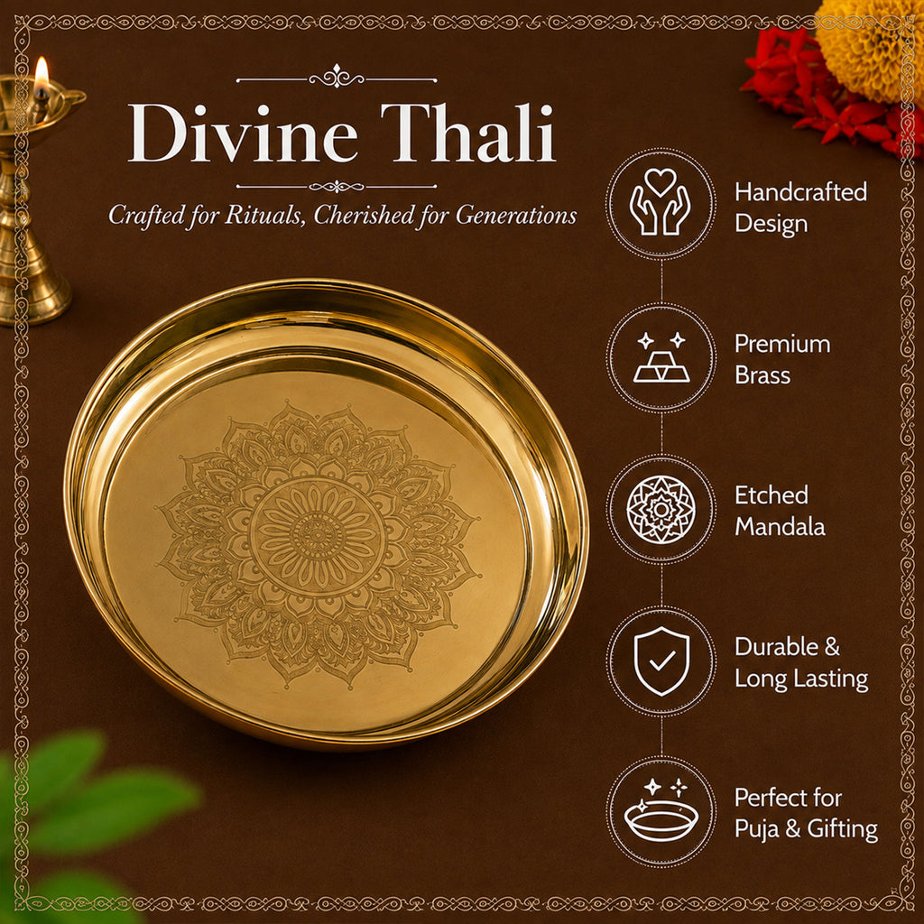 Brass Mandala Engraved Pooja Thali(7 inch) for Aarti, Pooja Rituals, Festive & Gifting