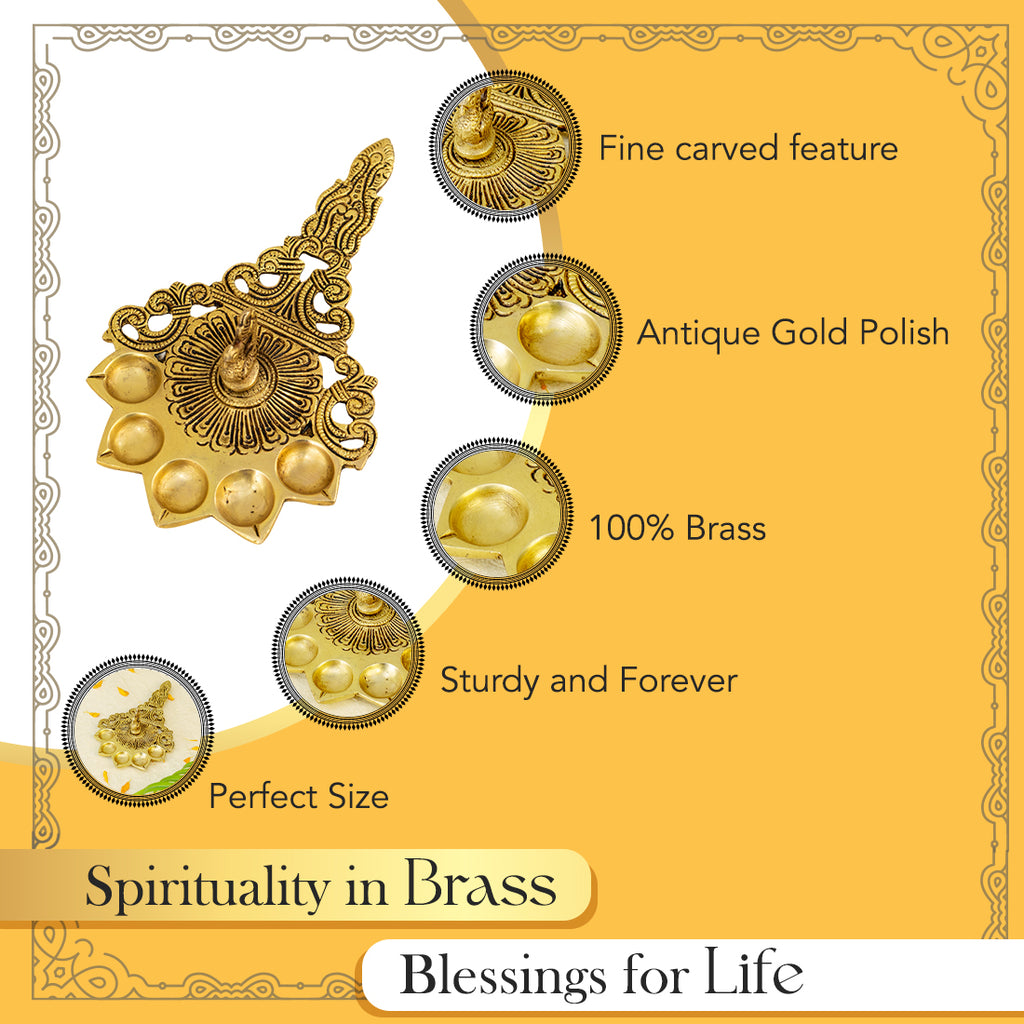 Pure Brass Panch Aarti Diya for Home Pooja & Temple Use