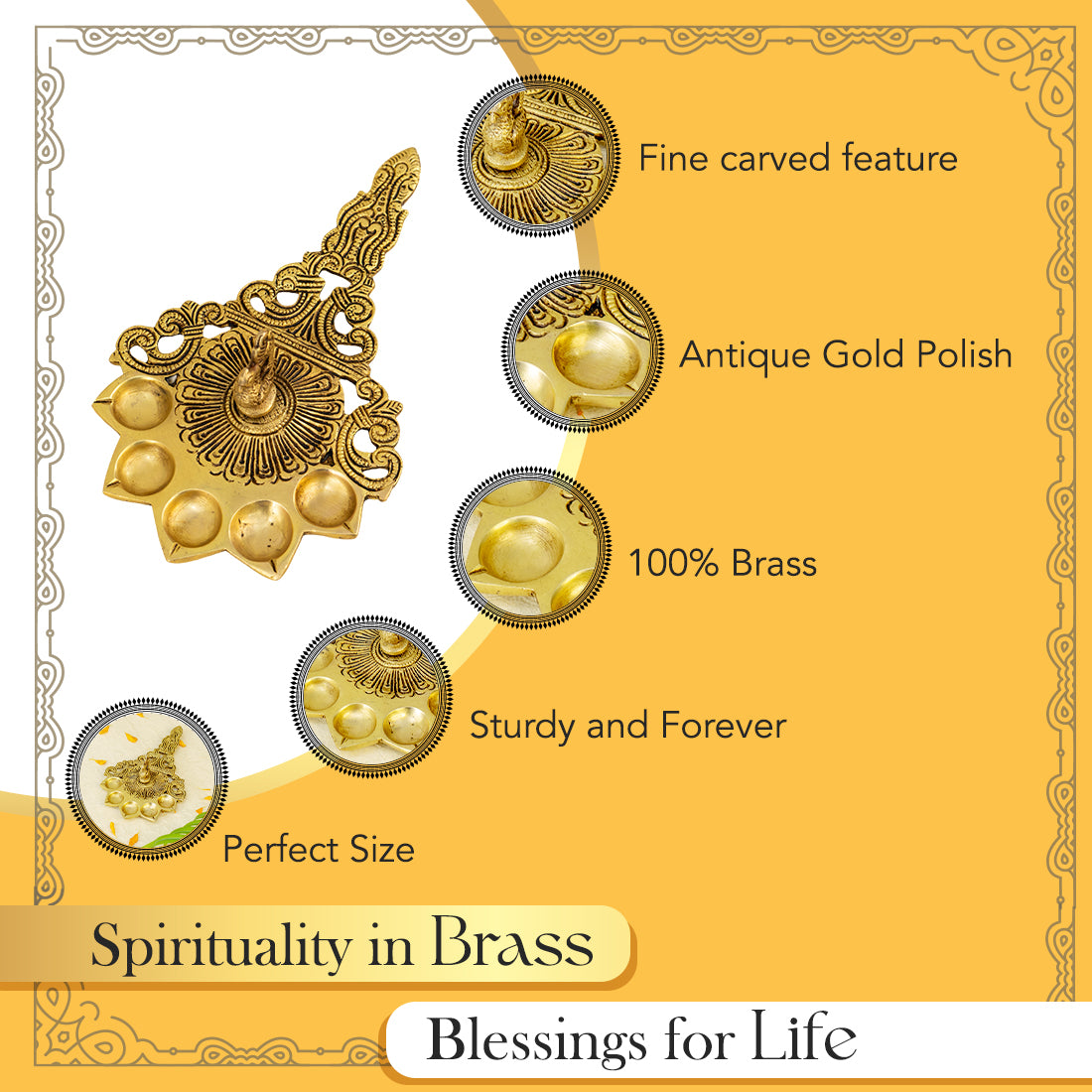 Pure Brass Panch Aarti Diya for Home Pooja & Temple Use