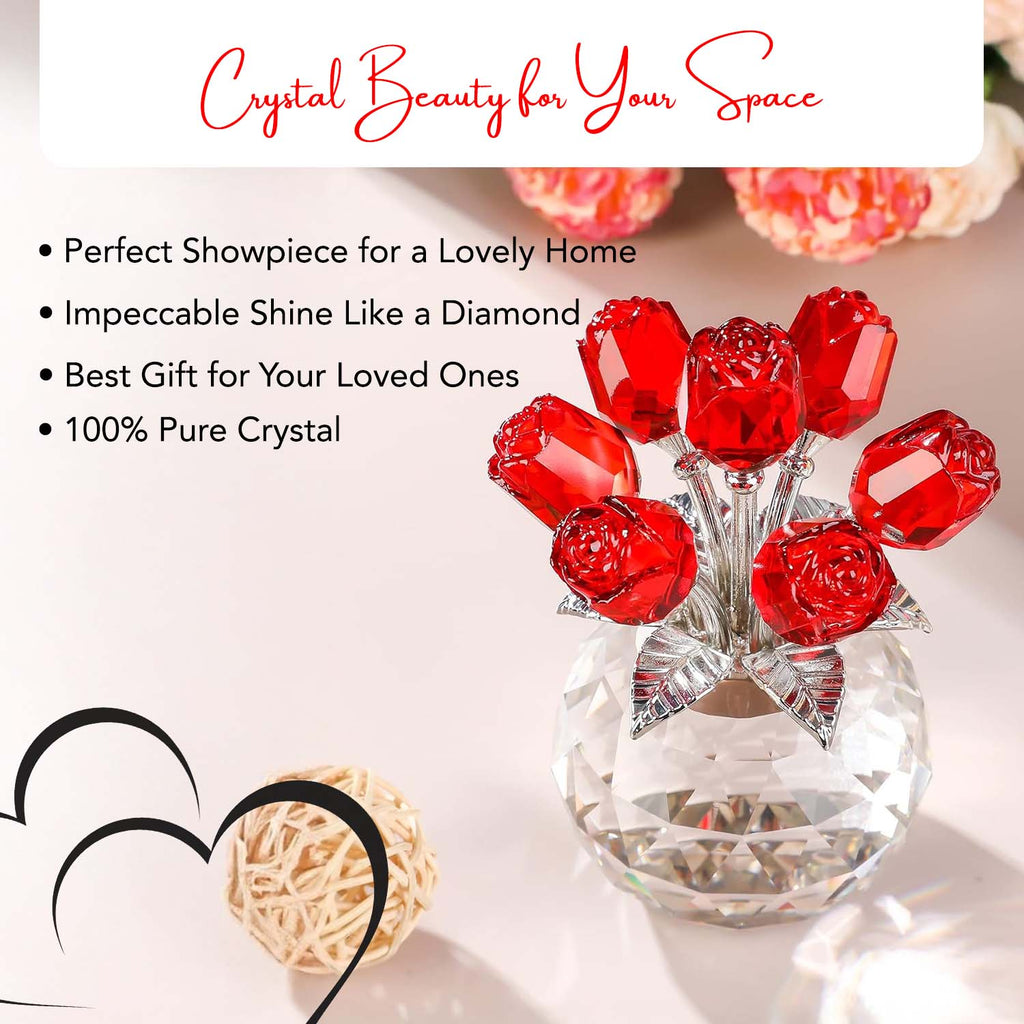 Crystal Red Rose Showpiece with Vase for Home Decor, Office & Table Decoration