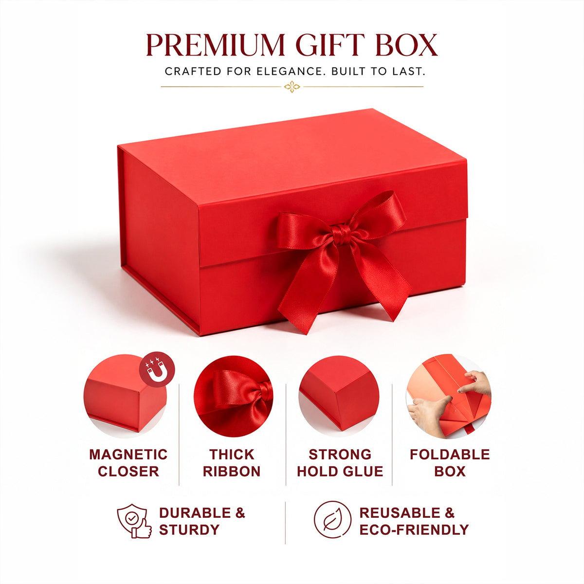 Red Foldable Multipurpose Empty Gift Hamper Box with Magnetic Closure & Ribbon (21.5 x 21 x 9.5 cm)