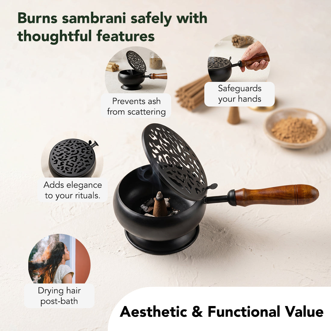 Metal Dhoop Dani with Wooden Handle for Pooja, Meditation & Home Temple Rituals