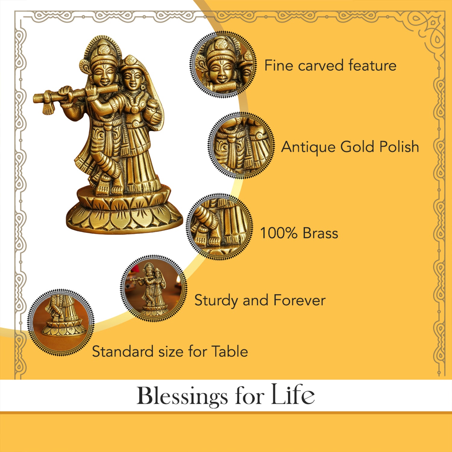 Brass Radha Krishna Idol (Size: 8 cm) for Pooja Room, Home Decor & Spiritual Gifting