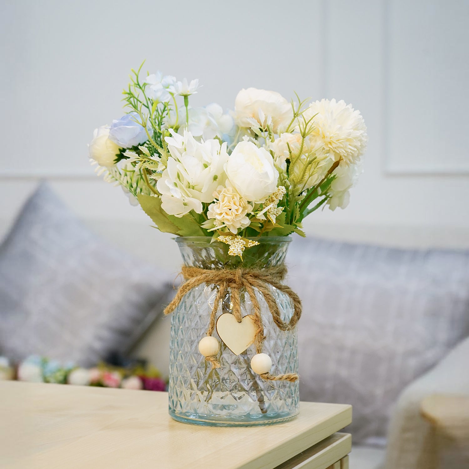 Glass Flower Vase with Heart Charm for Home Decor, Table Decor & Gifting