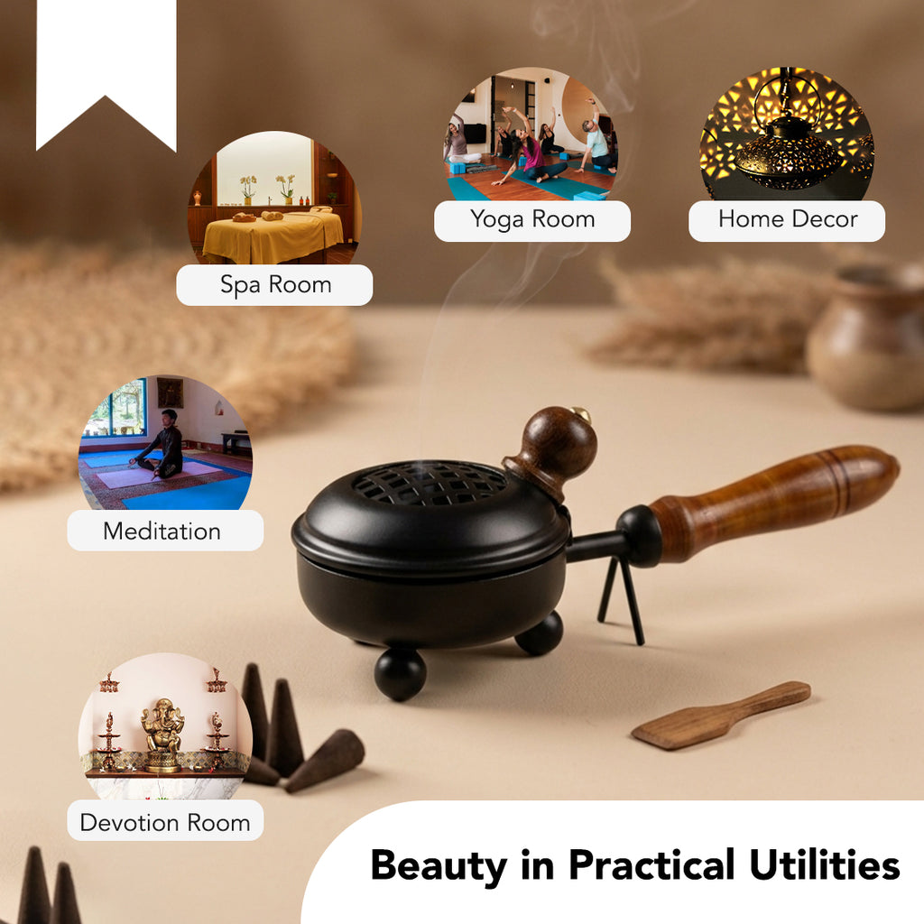 Metal Dhoop Dani with Wooden Handle for Pooja, Meditation & Home Temple Rituals