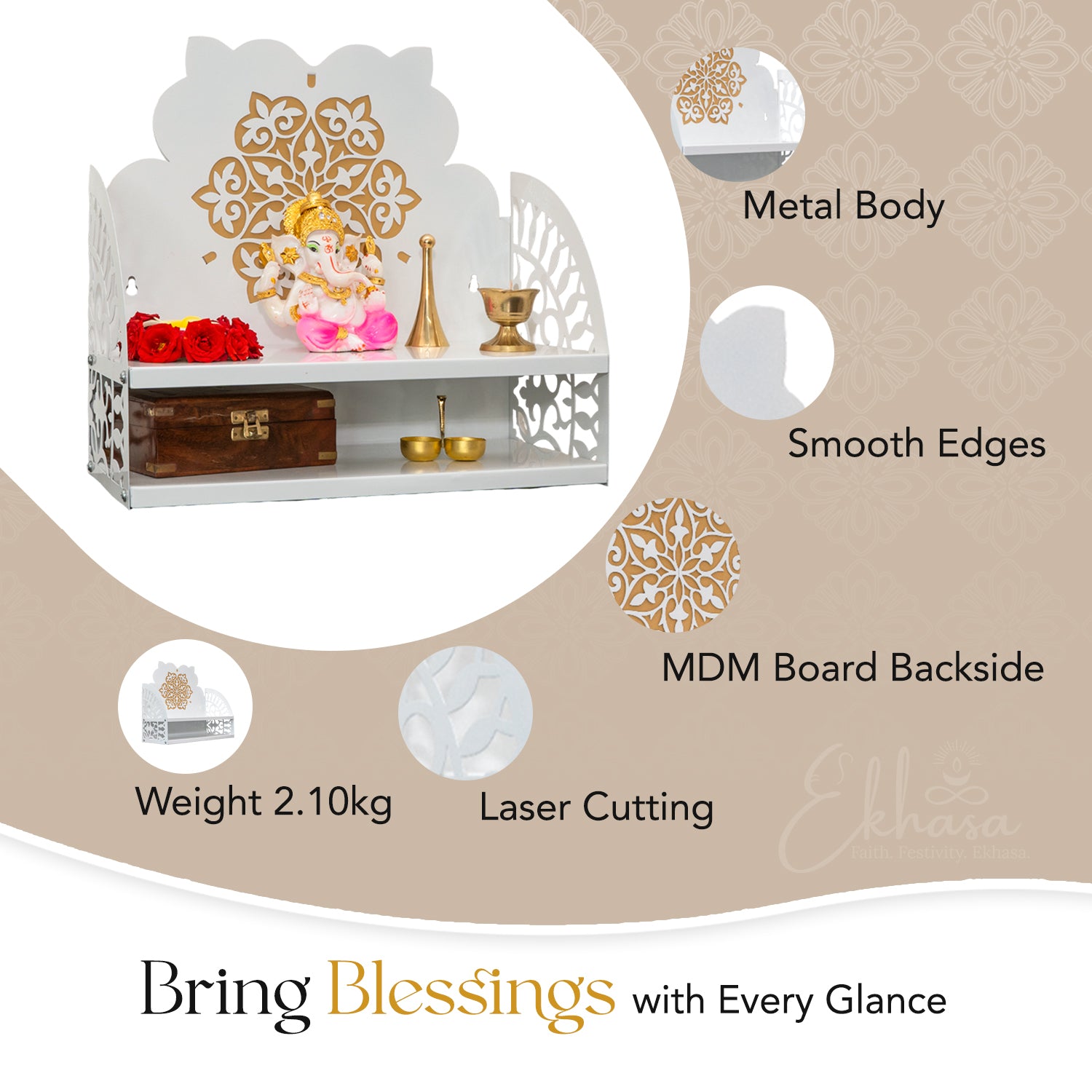 Metal Wall Mounted Temple for Pooja Room, Home Decor & Office Decor