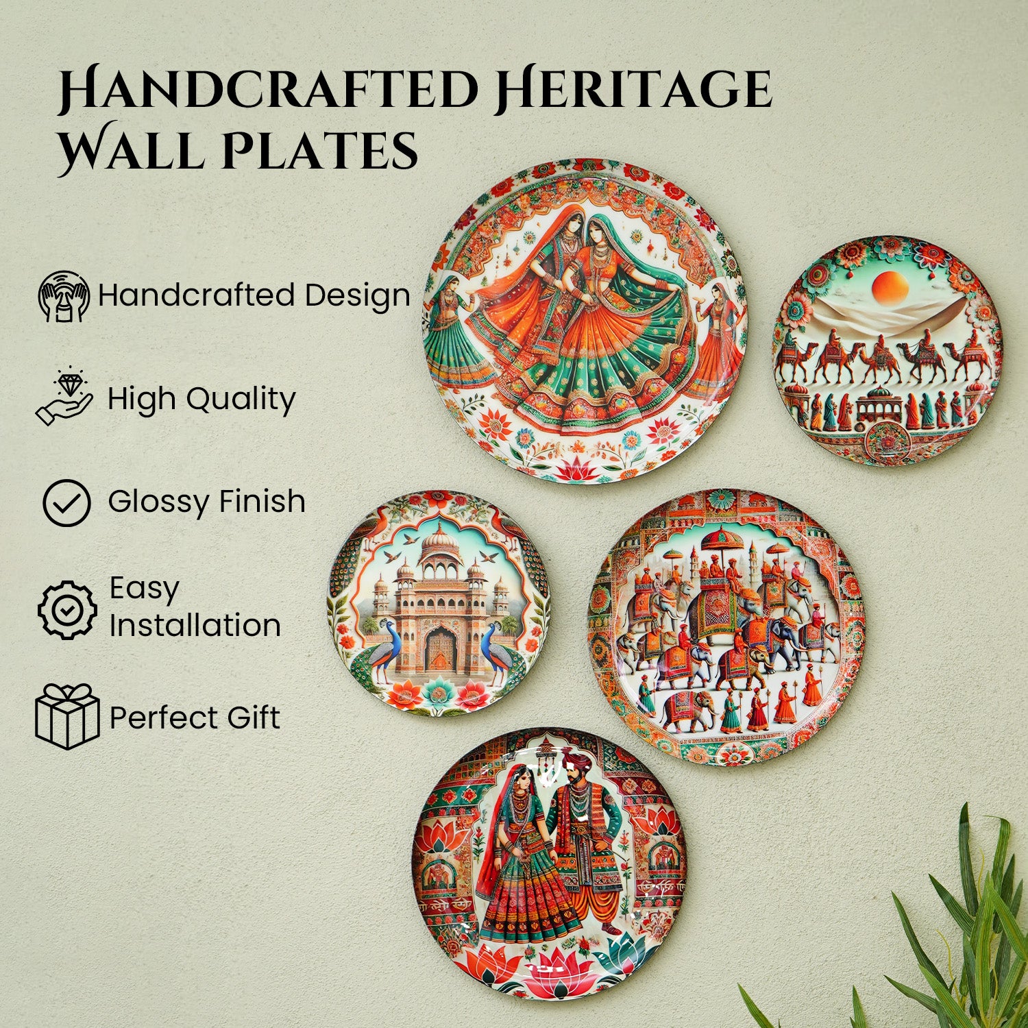 Rajasthani Art Metal Wall Hanging Plates Set of 5 for Living Room & Home Decor