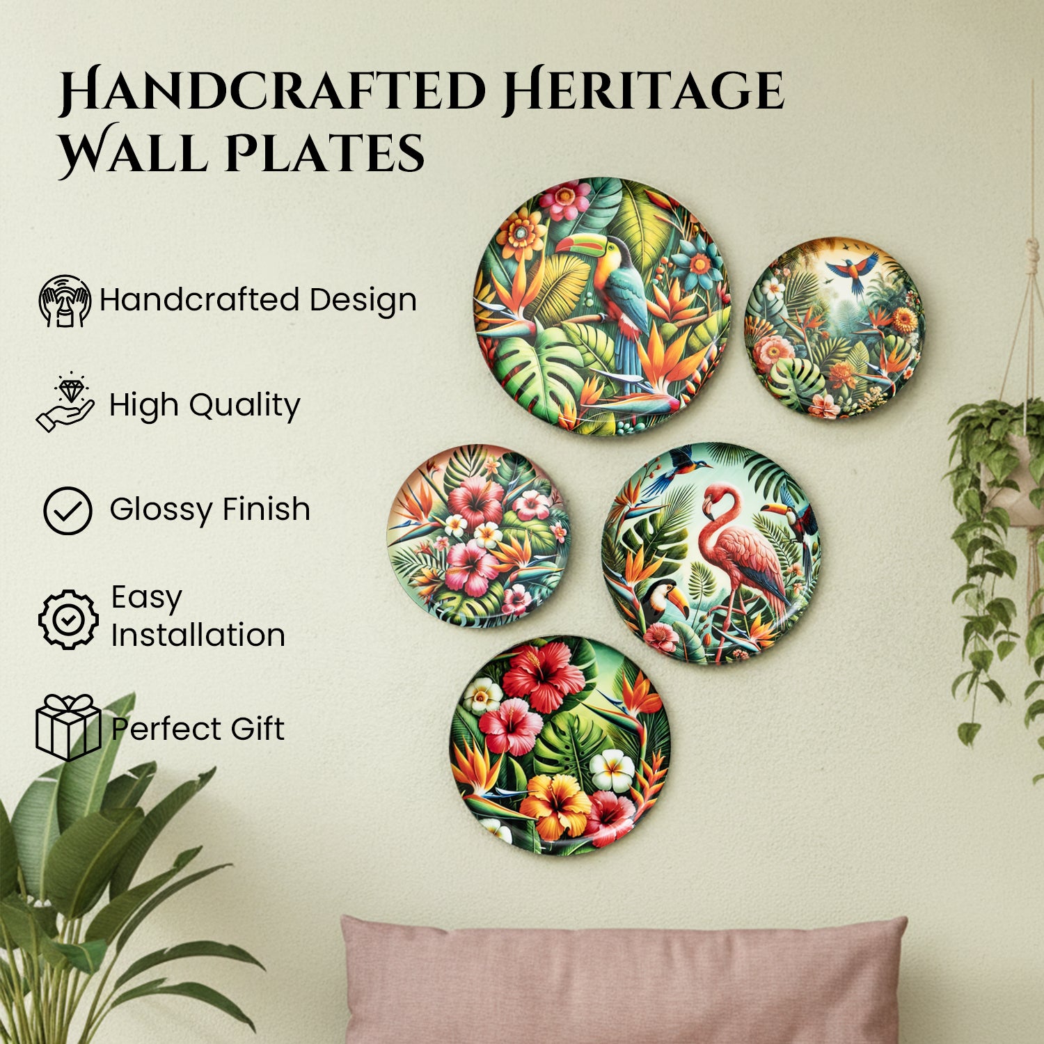 Tropical Art Metal Wall Hanging Plates Set of 5 for Living Room & Home Decor