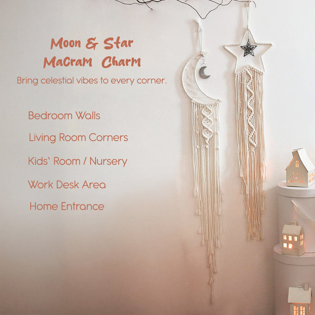 Macrame Moon & Star Wall Hanging Set for Bedroom & Home Decor