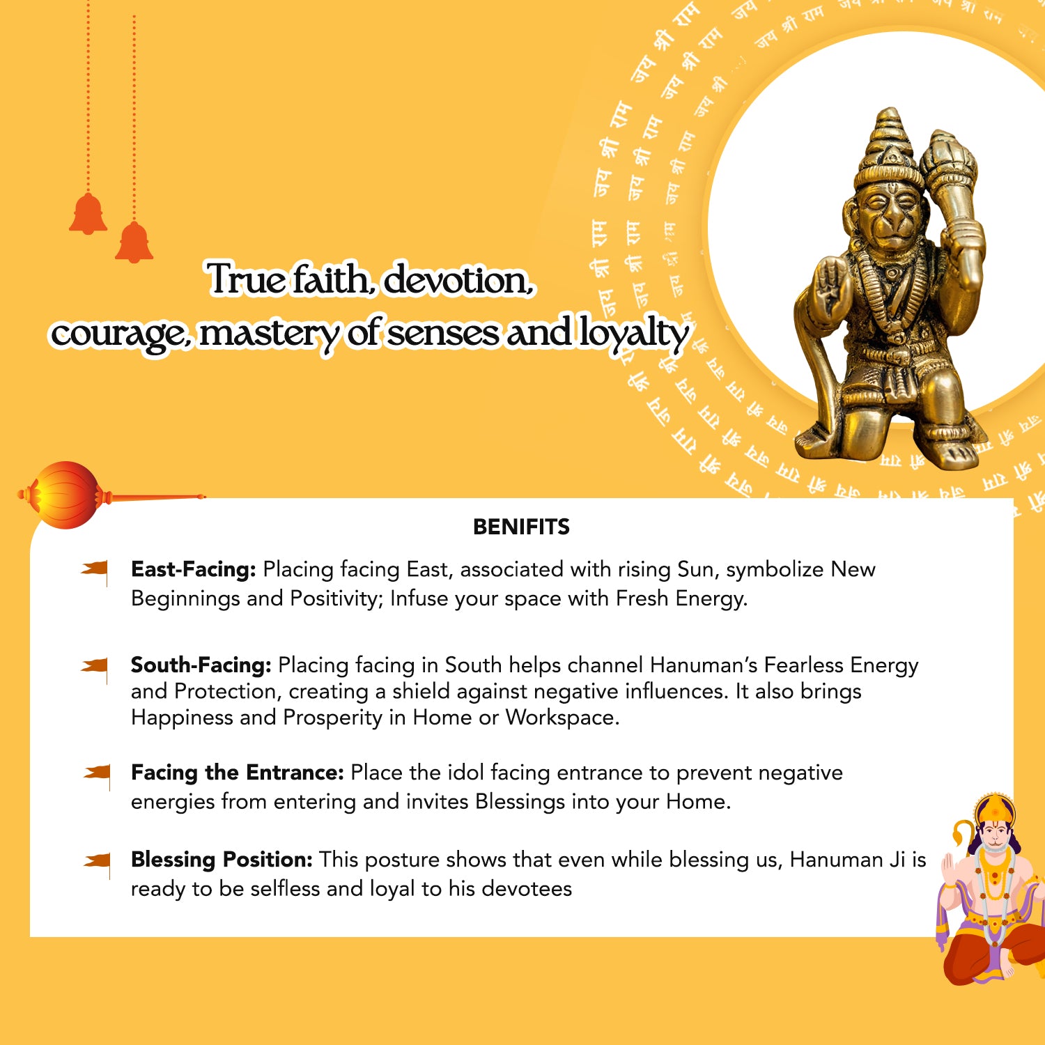 Pure Brass Hanuman Ji Idol for Home Puja, Office Desk & Car Dashboard