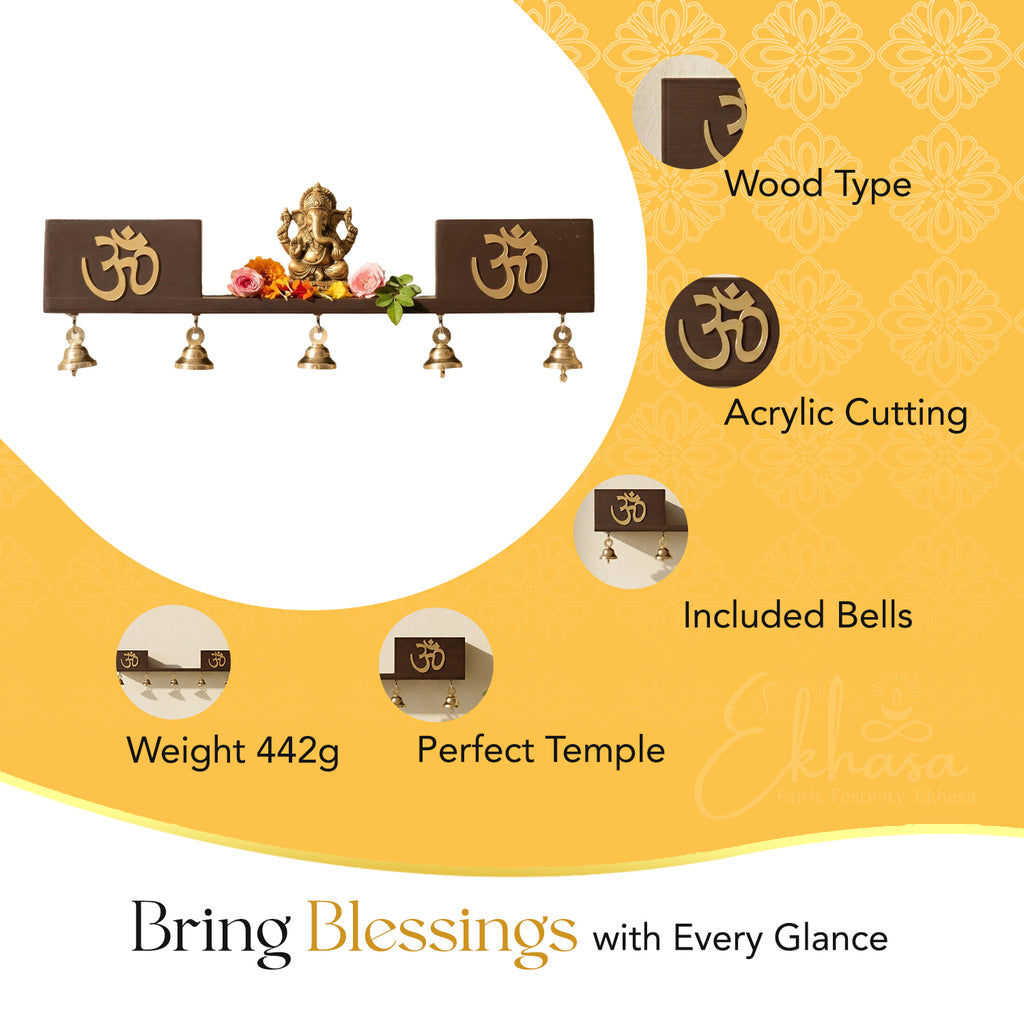 Wooden Wall Mounted Temple with Bells for Puja , Office & Home Decor