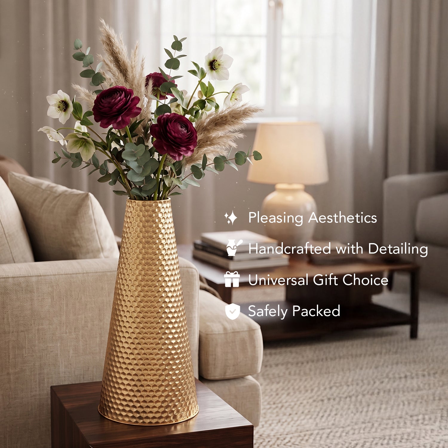 Tapered Golden Metal Vase for Home Decor, Living Room & Gifting