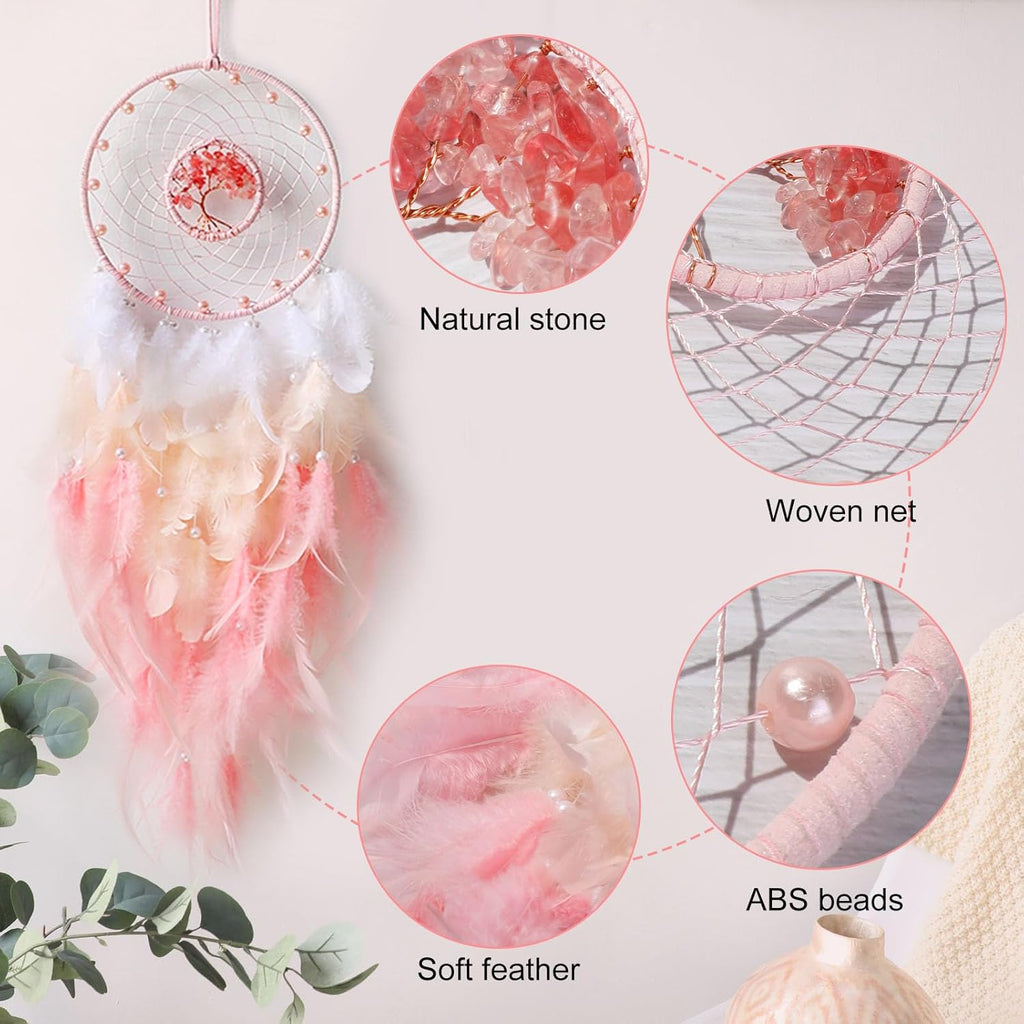 Pink Feather Dream Catcher with Tree of Life for Wall Decor & Bedroom Decoration
