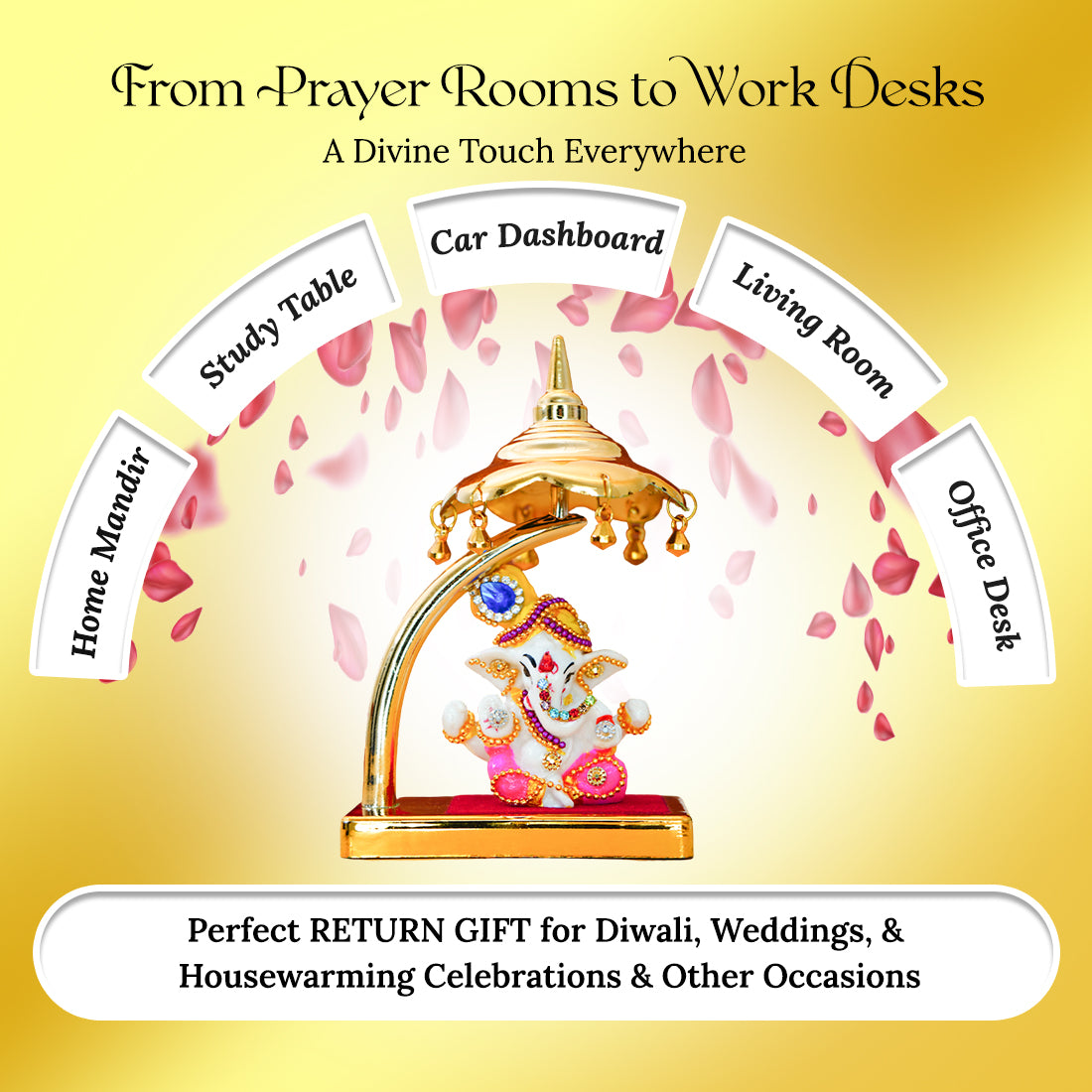 Ganesha Idol with Umbrella for Car Dashboard Decor & Spiritual Gifting