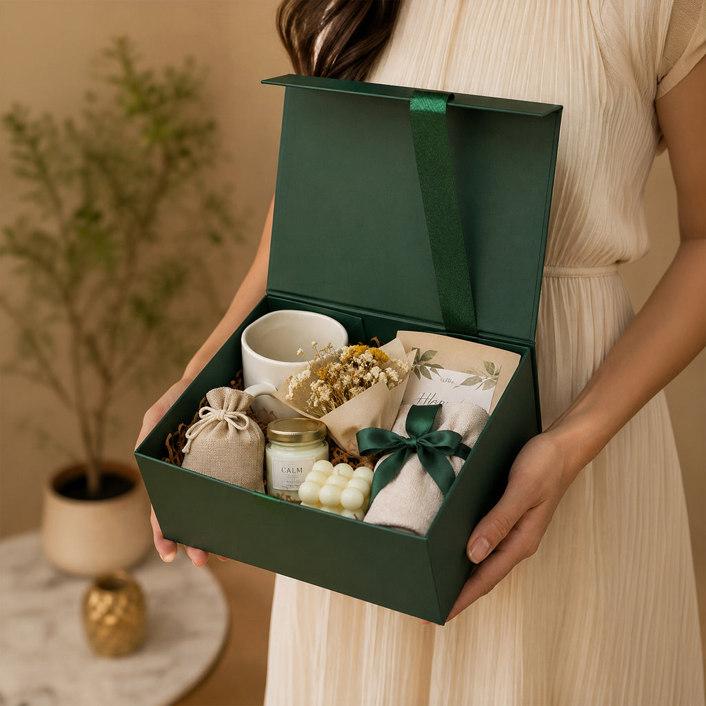 Green Foldable Multipurpose Empty Gift Hamper Box with Magnetic Closure & Ribbon (21.5 x 21 x 9.5 cm)