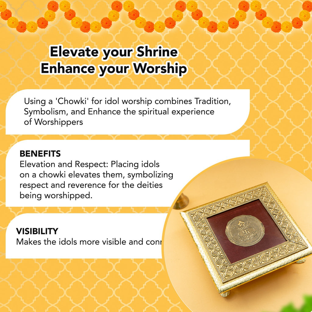 Gold Toned Wooden Lakshmi Chowki for Pooja, Home Temple & Festive Gifting
