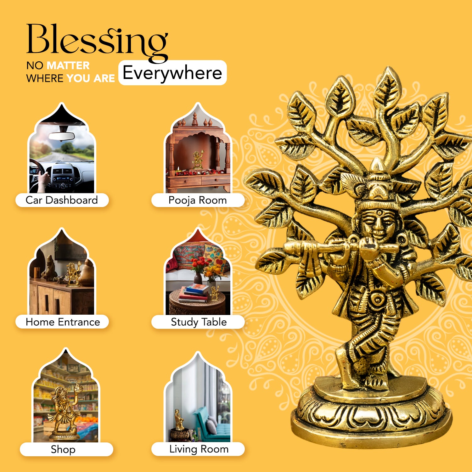 Brass Lord Krishna Idol with Kalpavriksha Tree & Flute for Home Decor & Pooja