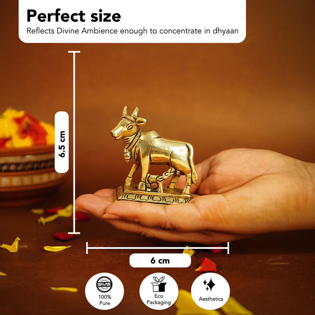 Pure Brass Kamdhenu Cow with Calf Idol for Vastu, Pooja & Home Decor
