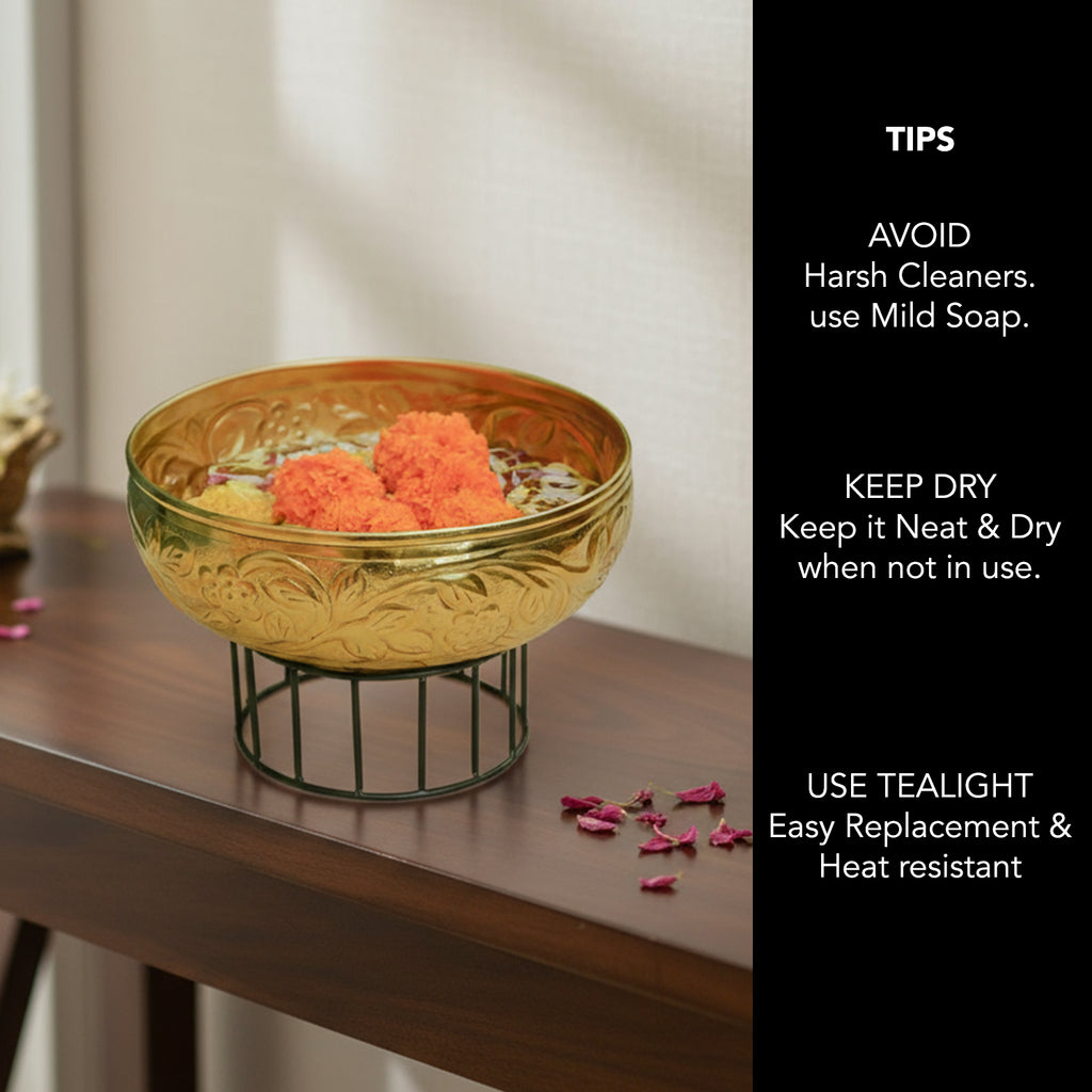 Gold Urli Bowl with Stand for Home Decor, Table Decor, Diwali Decoration & Gifting