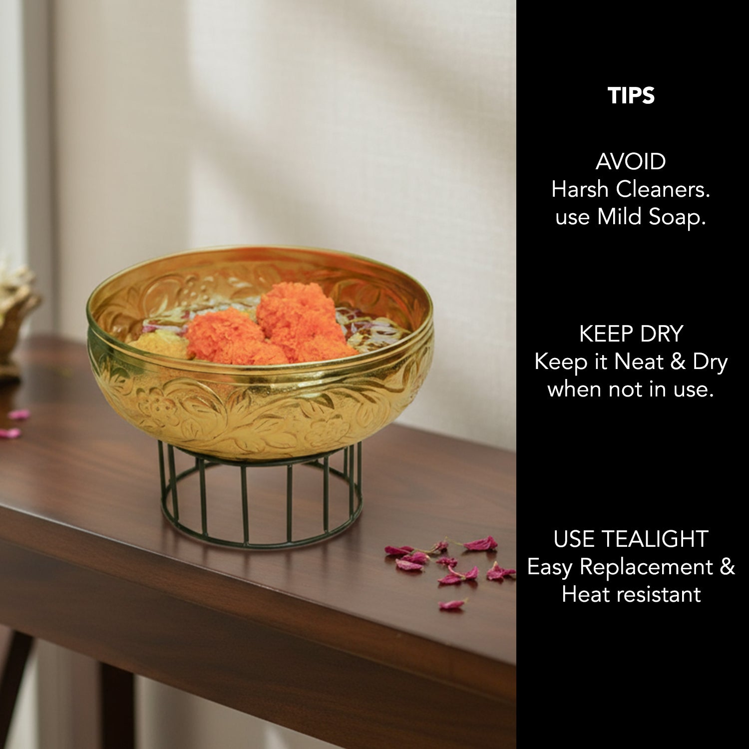 Gold Urli Bowl with Stand for Home Decor, Table Decor, Diwali Decoration & Gifting