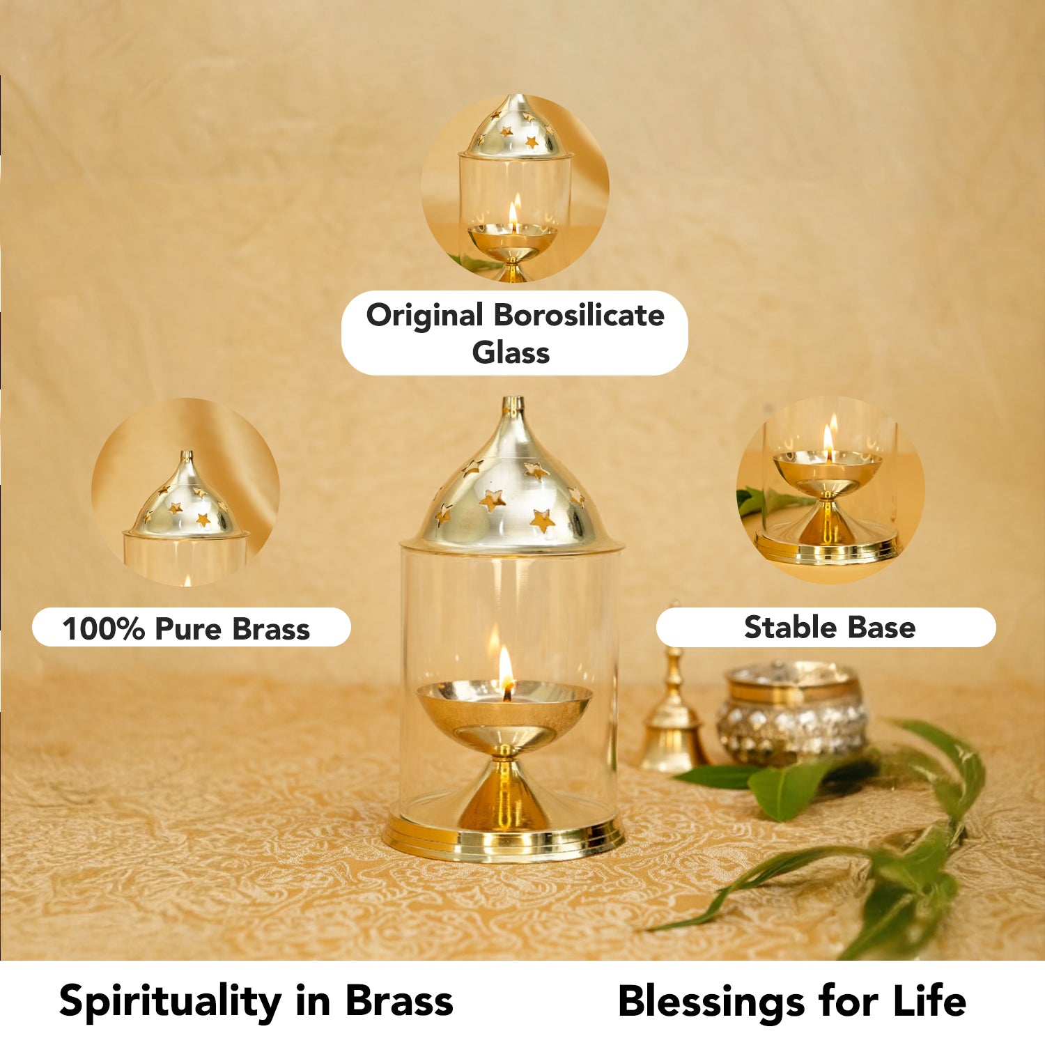 Brass Akhand Jyot Diya with Adjustable Bati Knob & Glass Cover for Puja