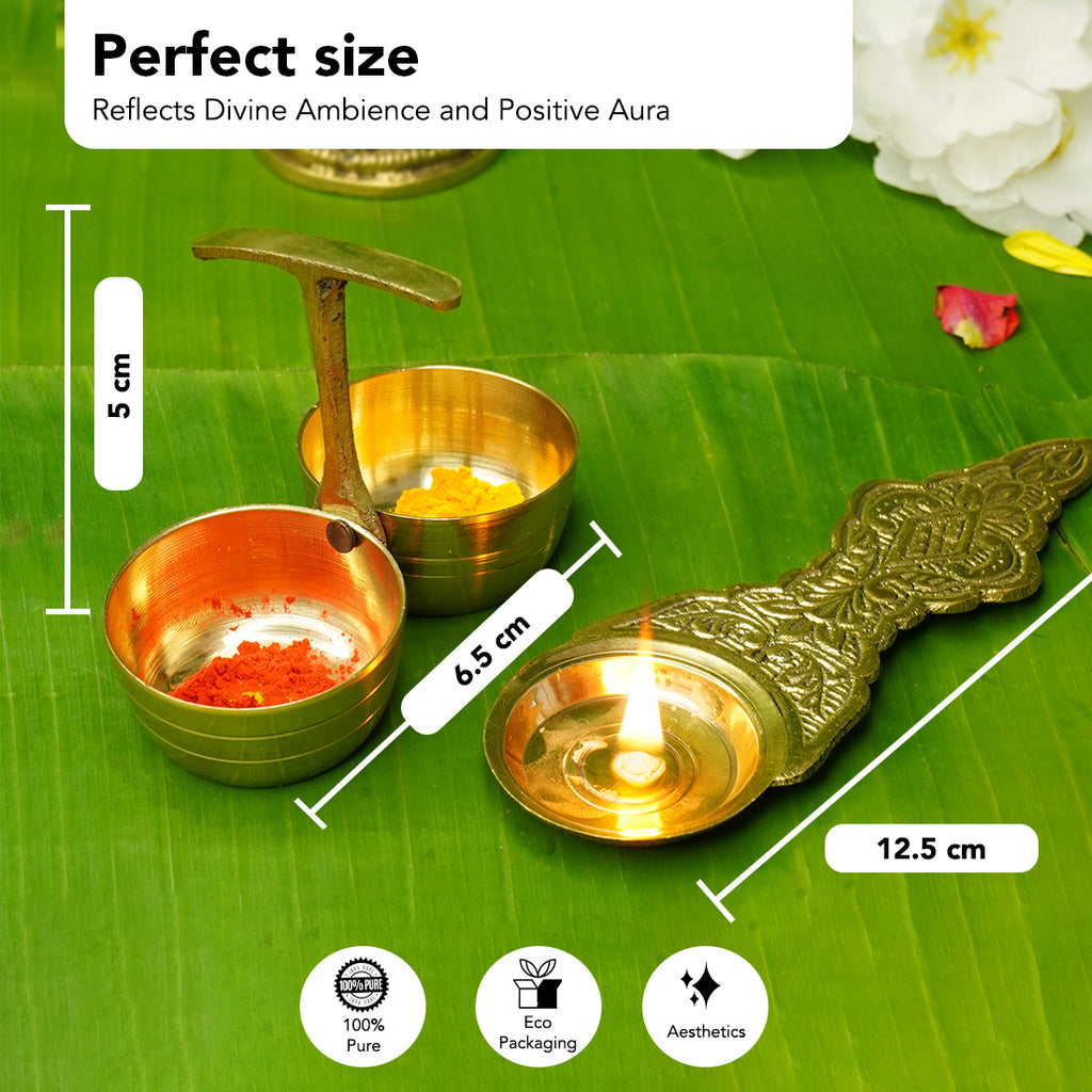 Pure Brass Kapoor Stand with Haldi Kumkum Holder Combo for Pooja & Temple Decor
