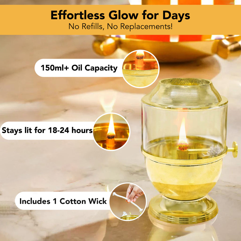 Brass Akhand Jyot Diya with Adjustable Bati Knob & Glass Cover for Puja(Medium Size, 150 ml Oil Capacity)