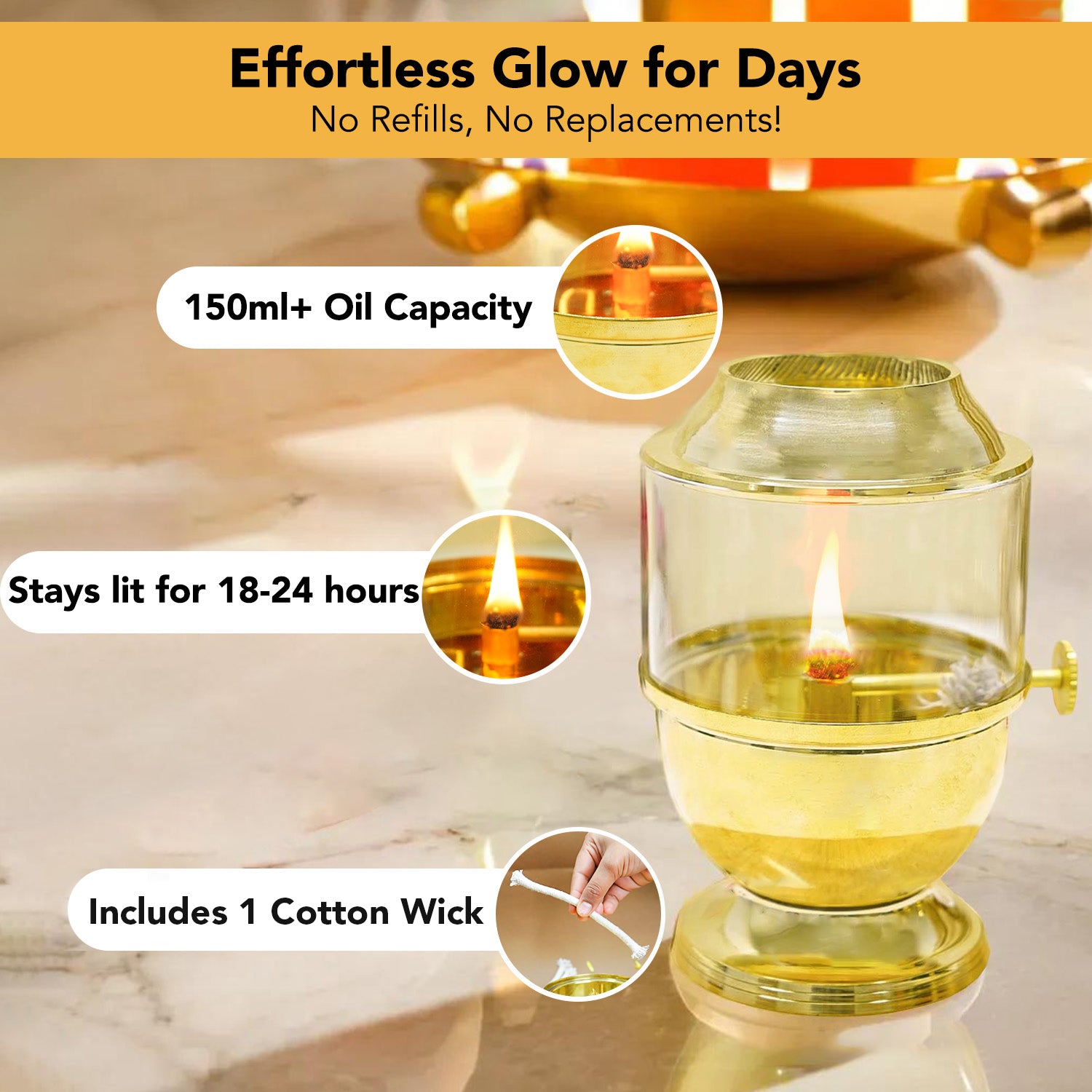Brass Akhand Jyot Diya with Adjustable Bati Knob & Glass Cover for Puja(Medium Size, 150 ml Oil Capacity)