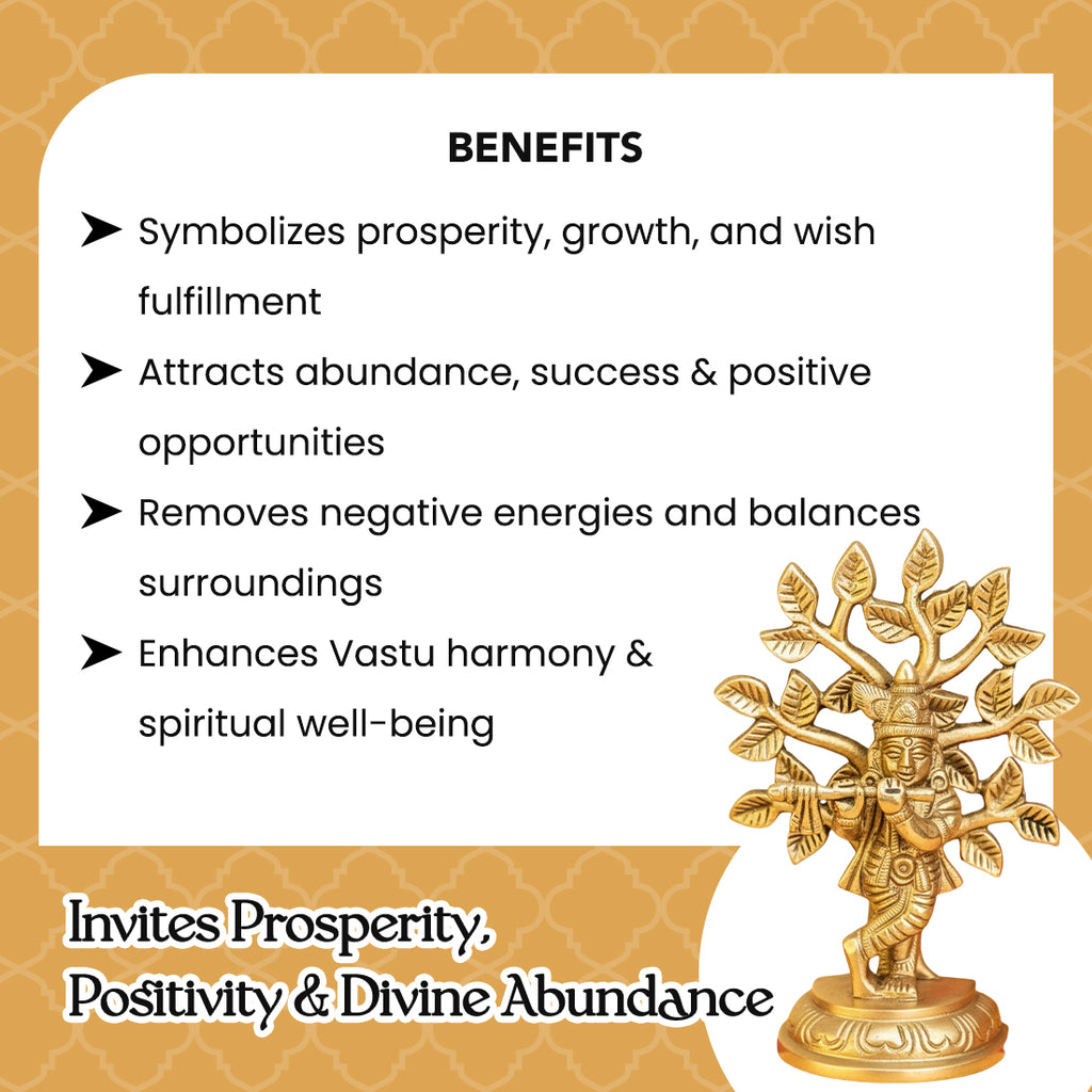 Brass Lord Krishna Idol with Kalpavriksha Tree & Flute Gift Box for Housewarming, Wedding & Gifting