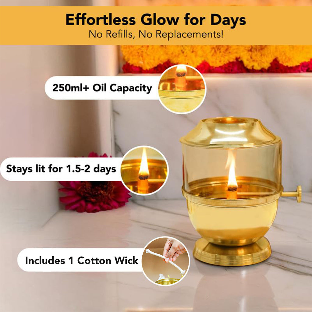 Brass Akhand Jyot Diya with Adjustable Bati Knob & Glass Cover for Puja(250 ML)