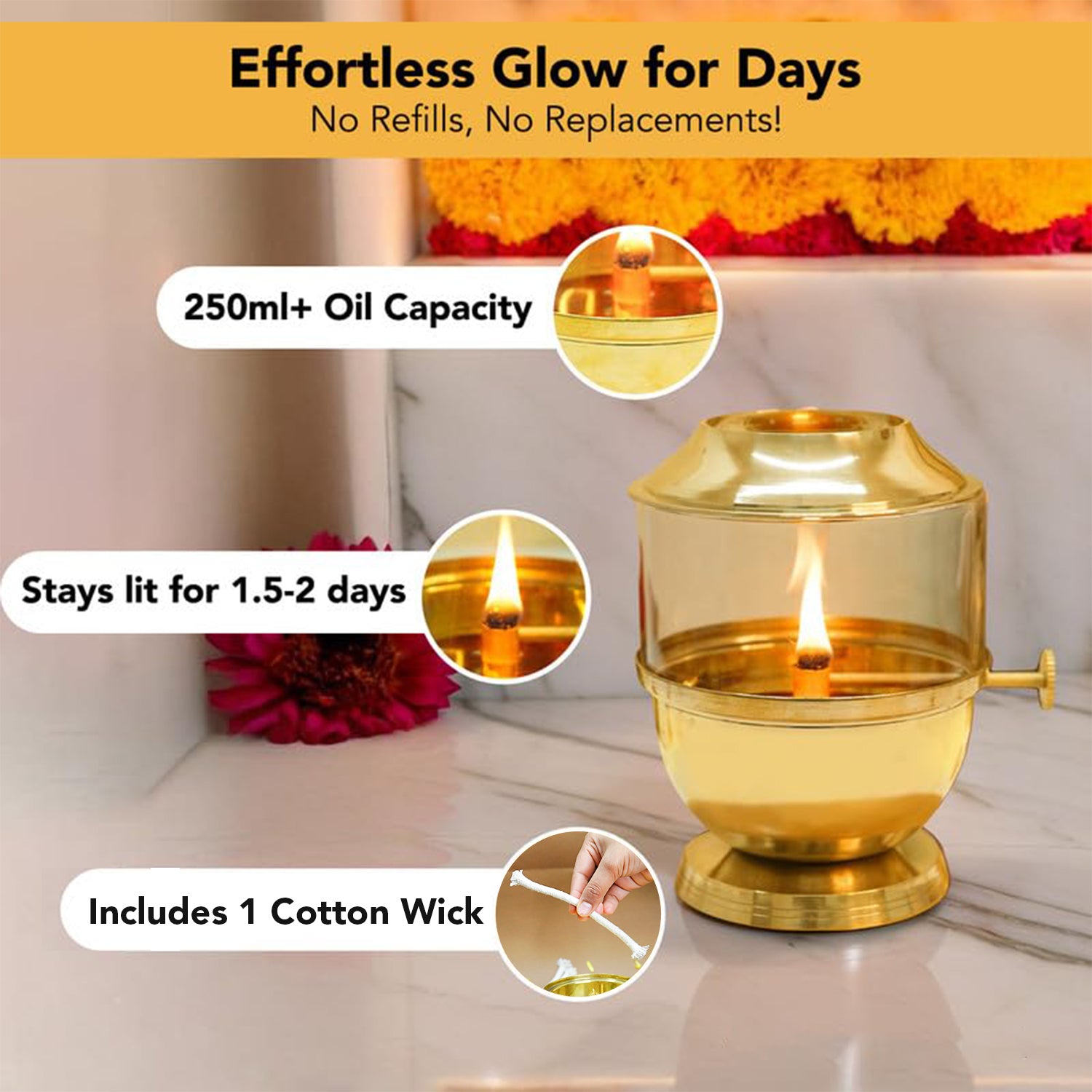 Brass Akhand Jyot Diya with Adjustable Bati Knob & Glass Cover for Puja(250 ML)