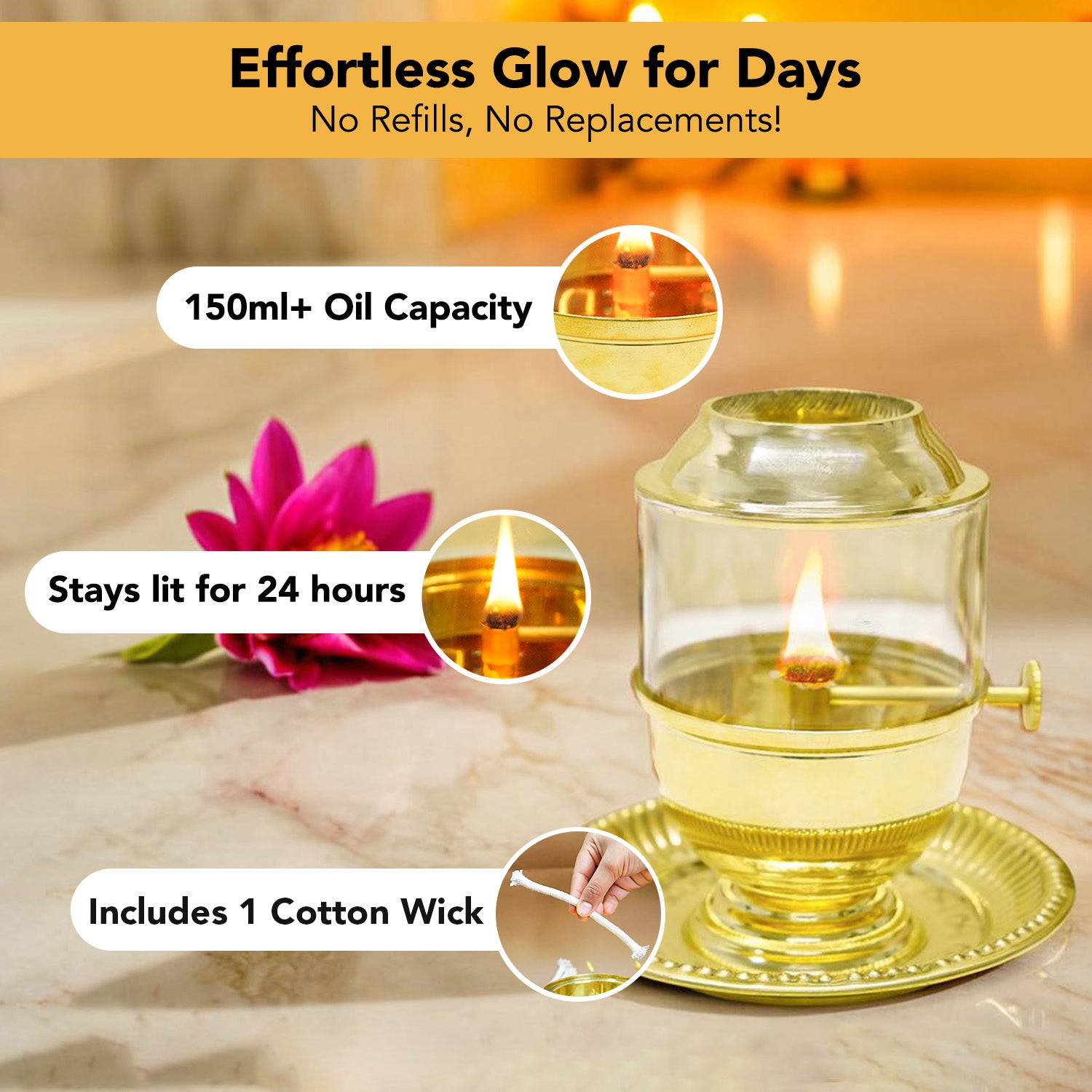 Brass Akhand Jyot Diya with Plate Adjustable Bati Knob & Glass Cover for Puja(Medium Size, 150 ml Oil Capacity)