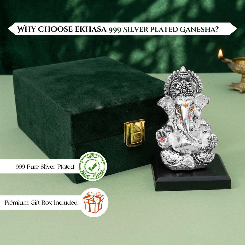 999 Silver Plated Ganesh Idol with Green Velvet Gift Box for Vastu , Housewarming & Wedding Gift