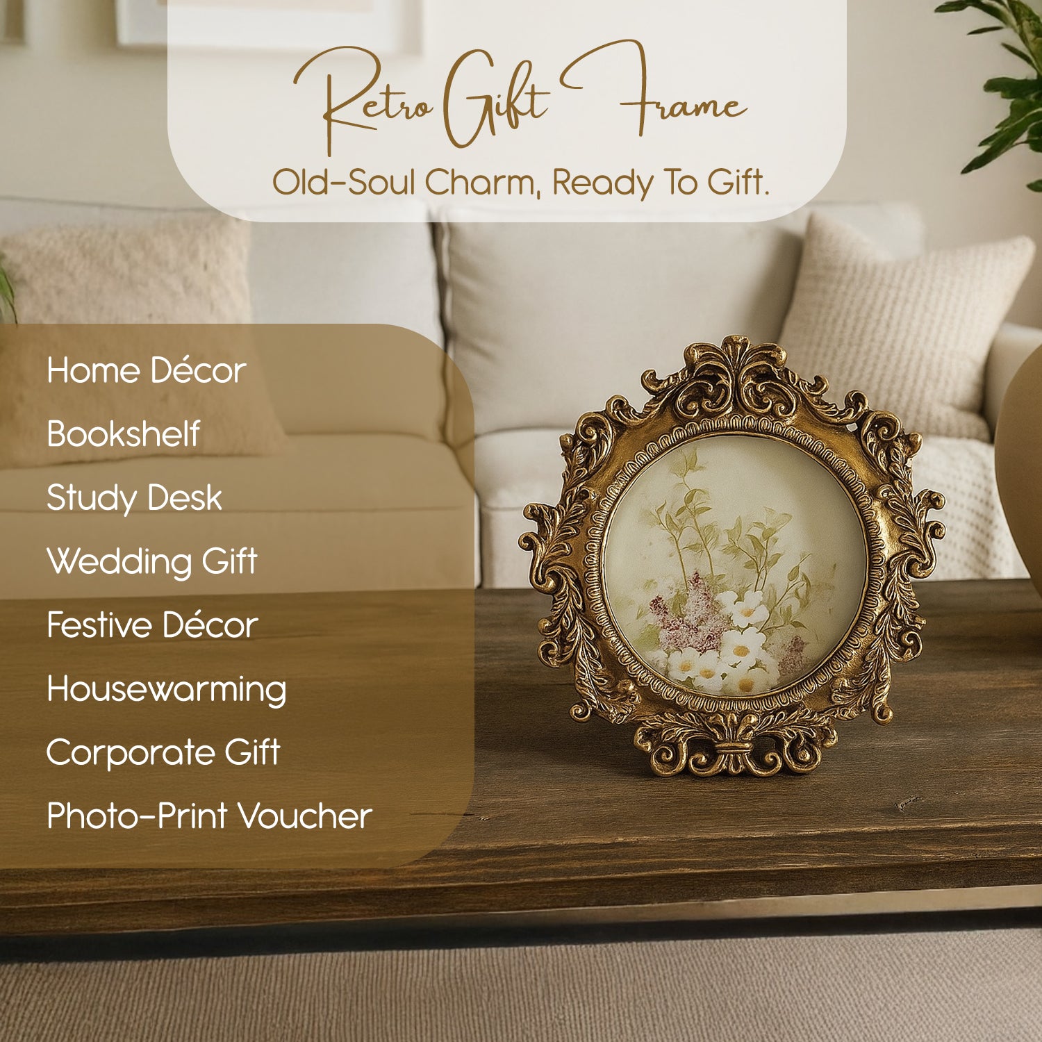 Resin Vintage Round Photo Frame with Glass for Home Decor ,Table & Display